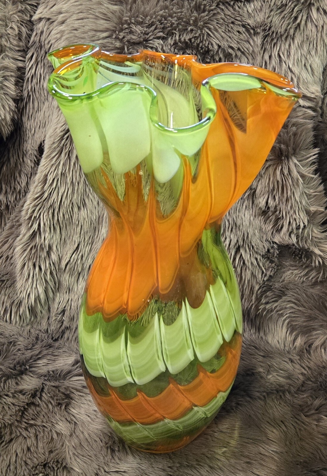 Large Mid Century Hankerchief Vase Green And Orange Hand Blown