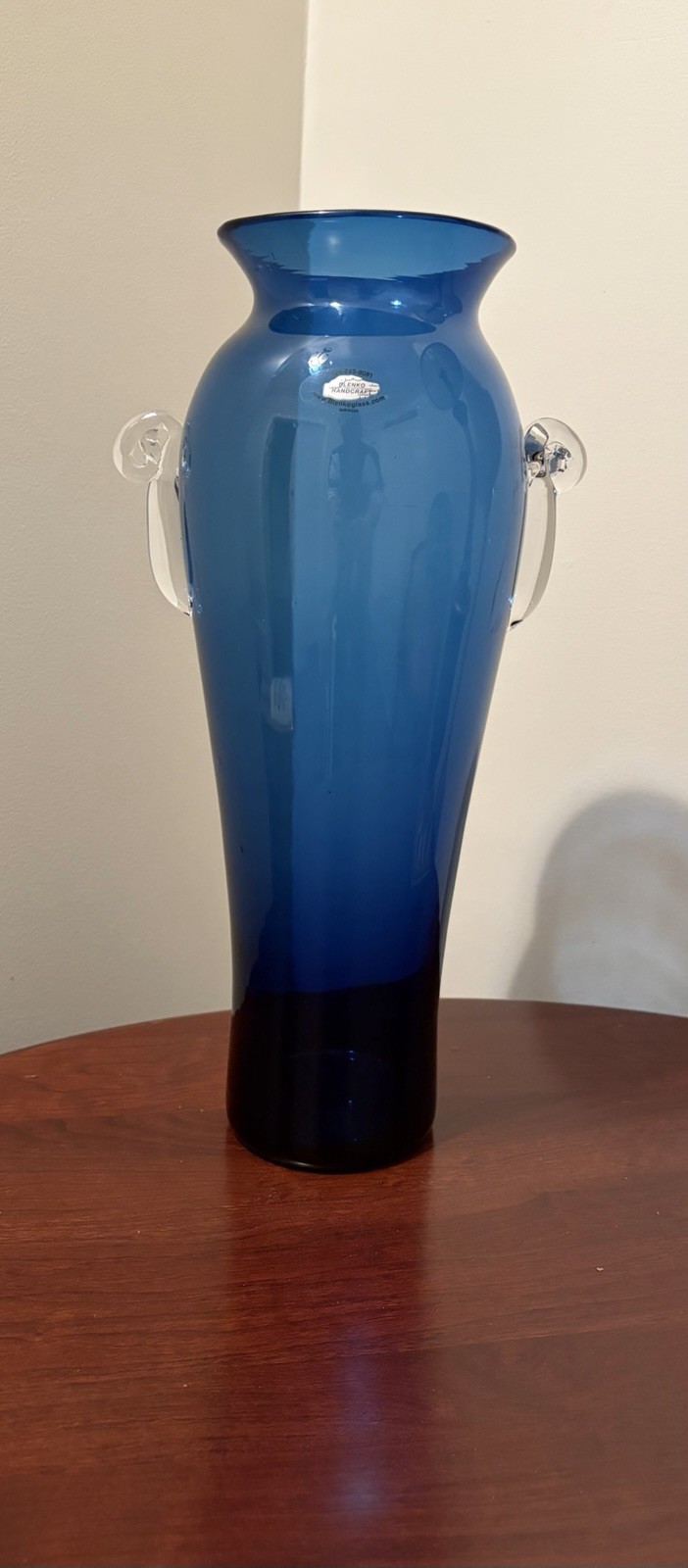 Tall Blenko Cobalt Blue Clear Handled Floor Vase
