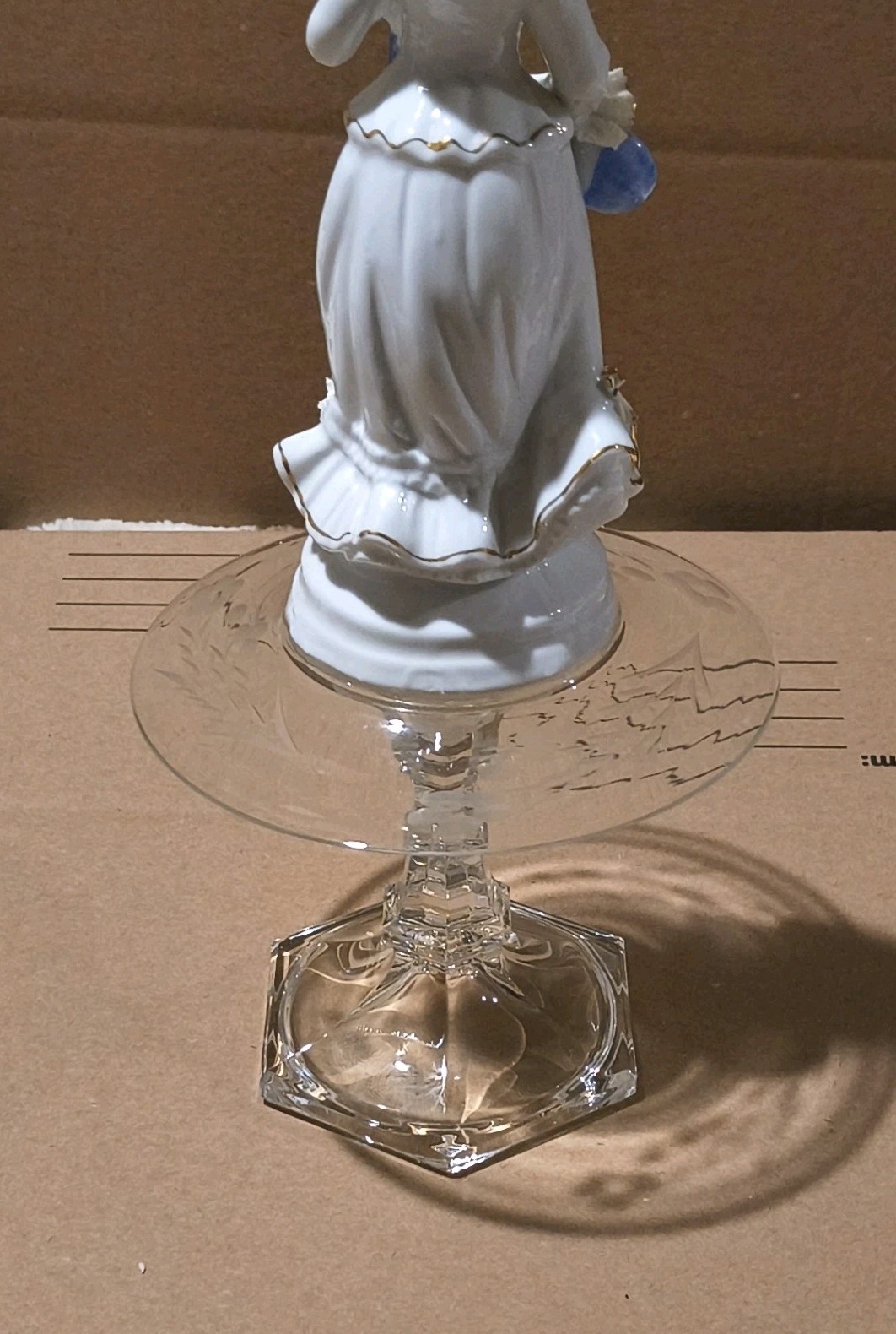 White Blue Gold Ceramic Woman Figurine on Glass Pedestal Stand