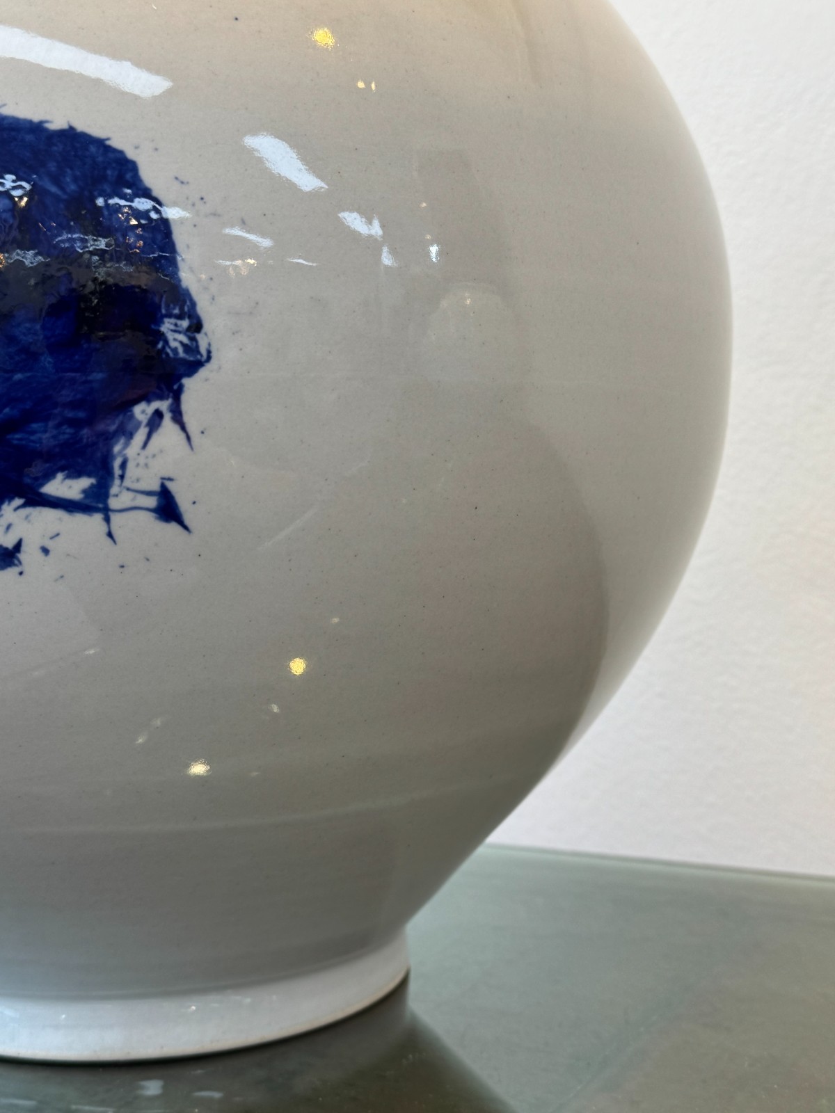 Korean Moon Jar 13″ Trinity Cobalt Brushstroke Japandi Wabi Sabi Handmade Signed
