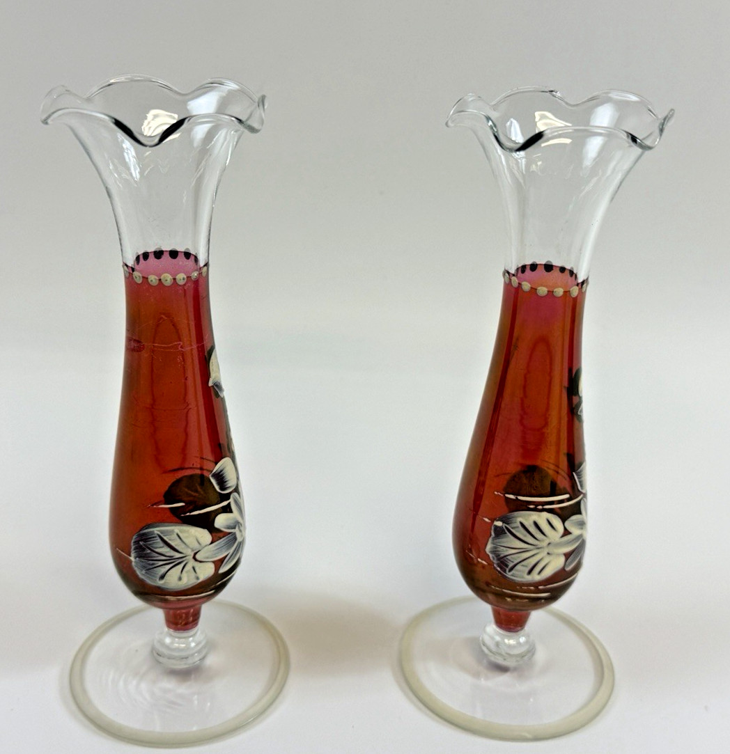 Pair Cranberry Art Glass Bud Vases Hand Painted Floral Ruffled Rim 6 1/8″