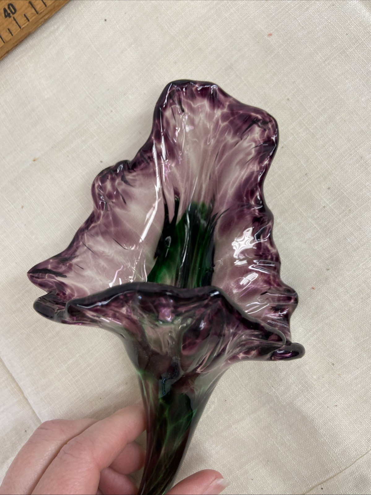 Two Vintage Handblown Art Glass Flowers Pink Purple & Green