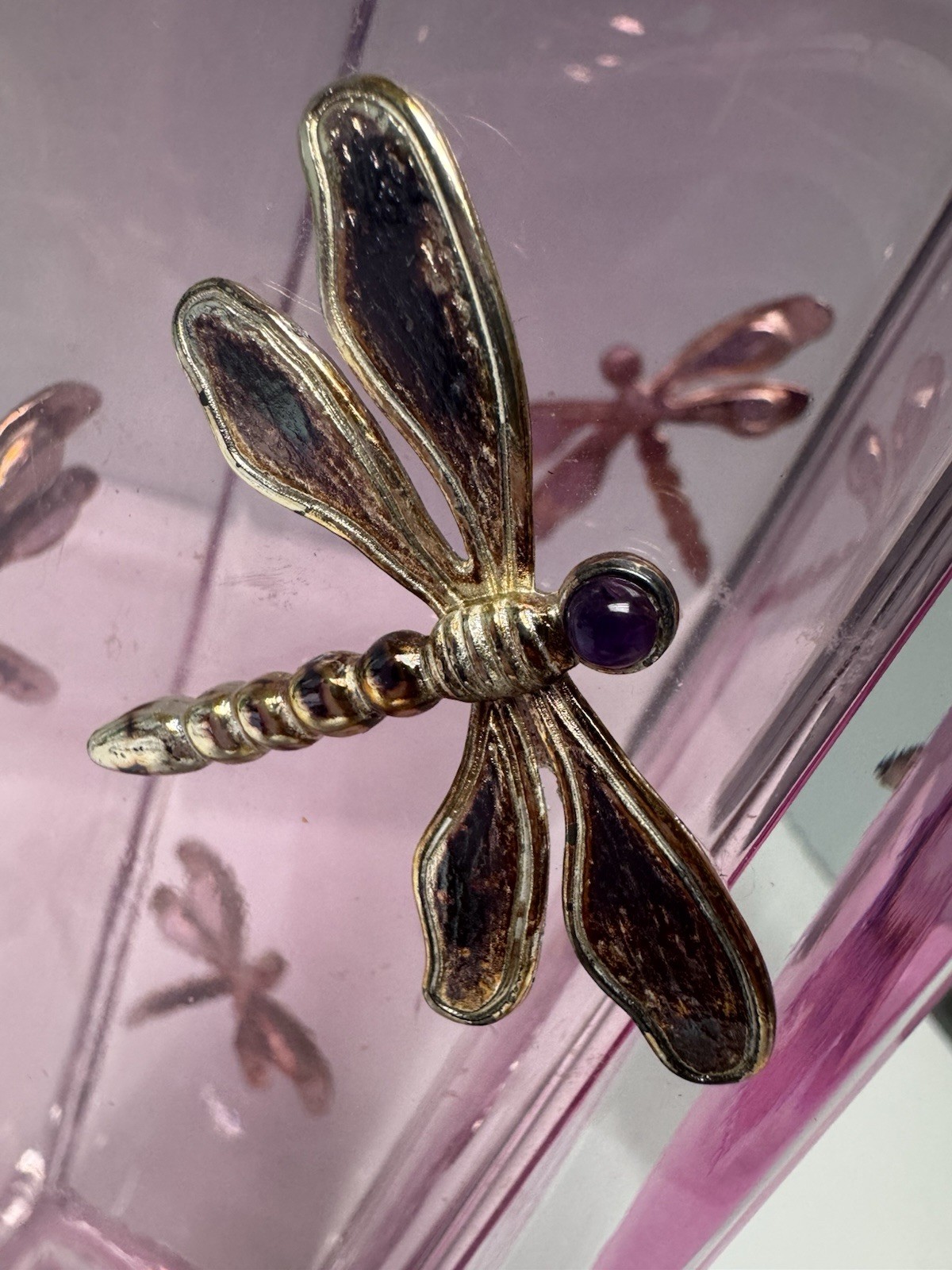 Vintage Teleflora Pink Czech Republic Crystal Case W/ Dragonflies