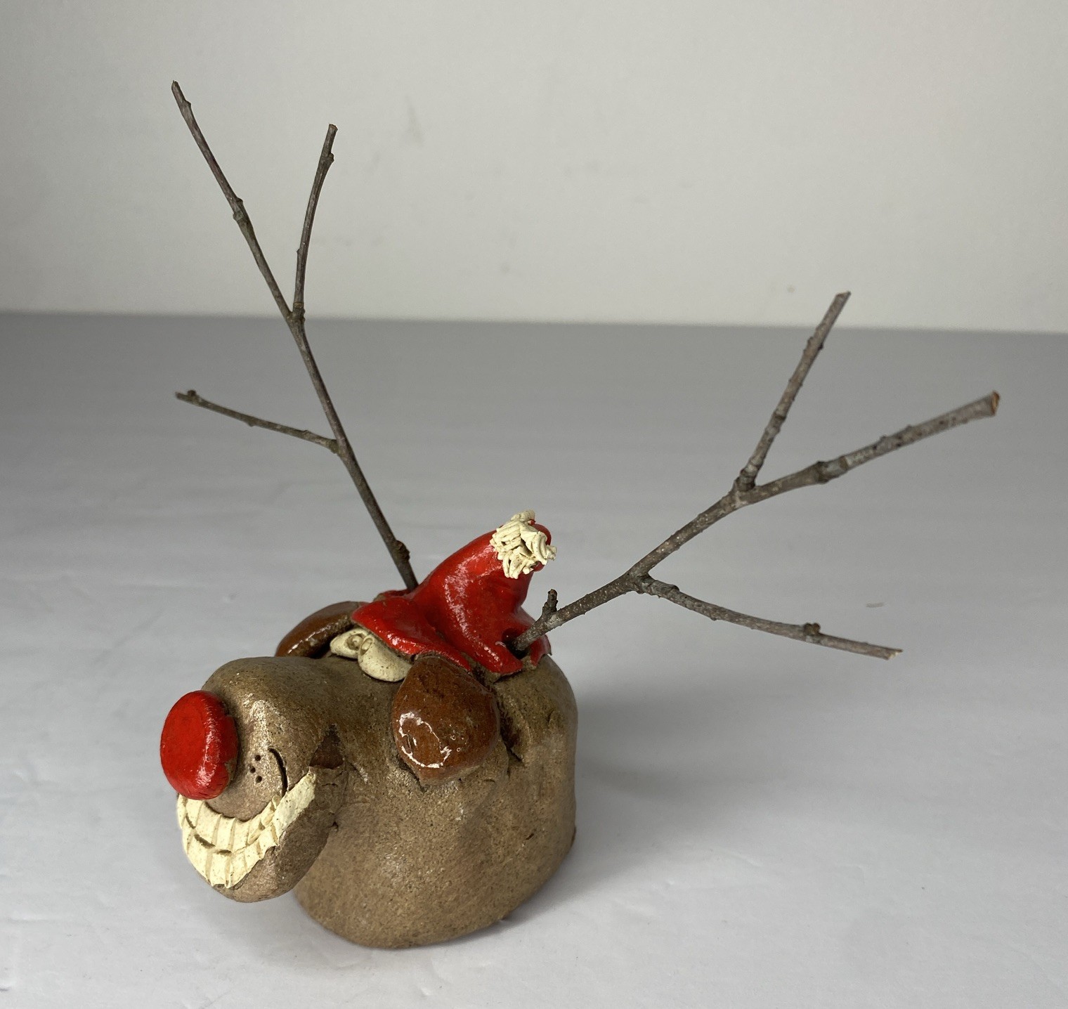 Vintage MCM Hicks Pottery Humorous Christmas Reindeer Dog Signed 3 Inches