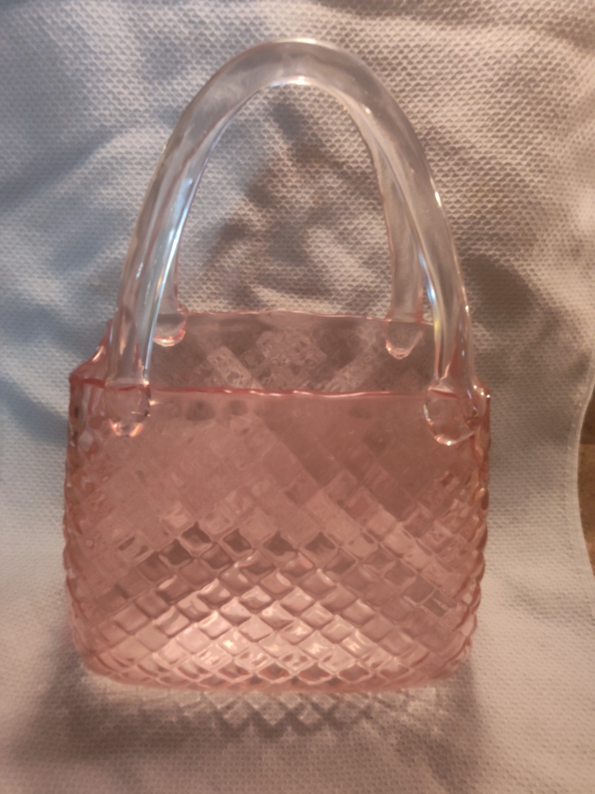 Pink Clear Glass Woven Pattern Rectangular Decorative Vase w/ Handles 9x6x4
