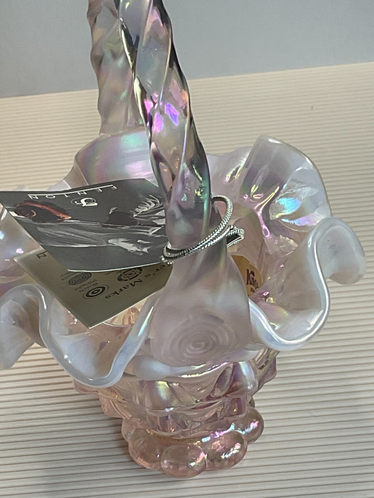 Fentons Champagne Opalescent Satin Basket-Knotts Berry Farm w/Fenton Hanging Tag