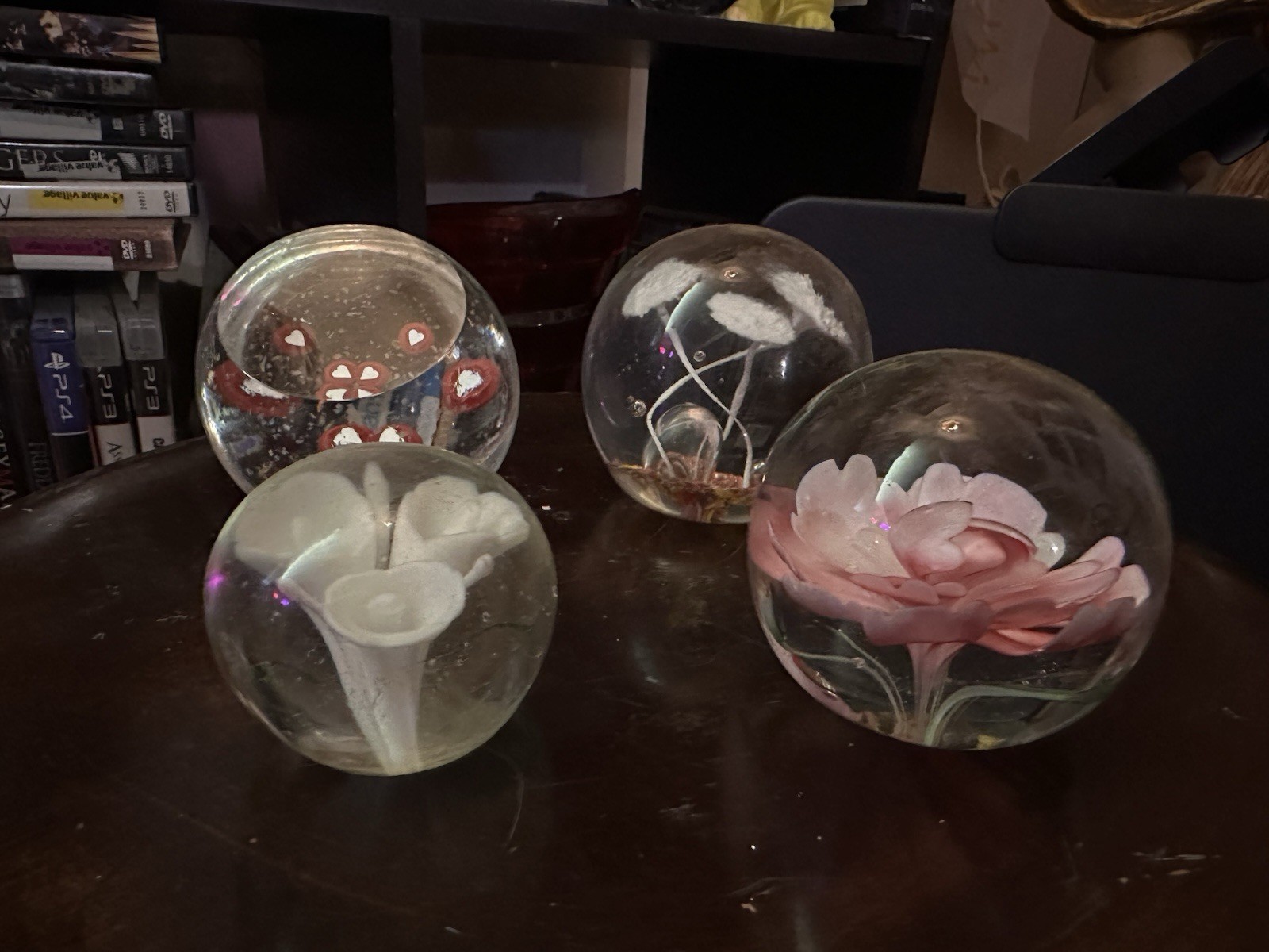 Lot Of 4 Art Glass Paperweights Varied Floral Settings From 1970s and 1980s