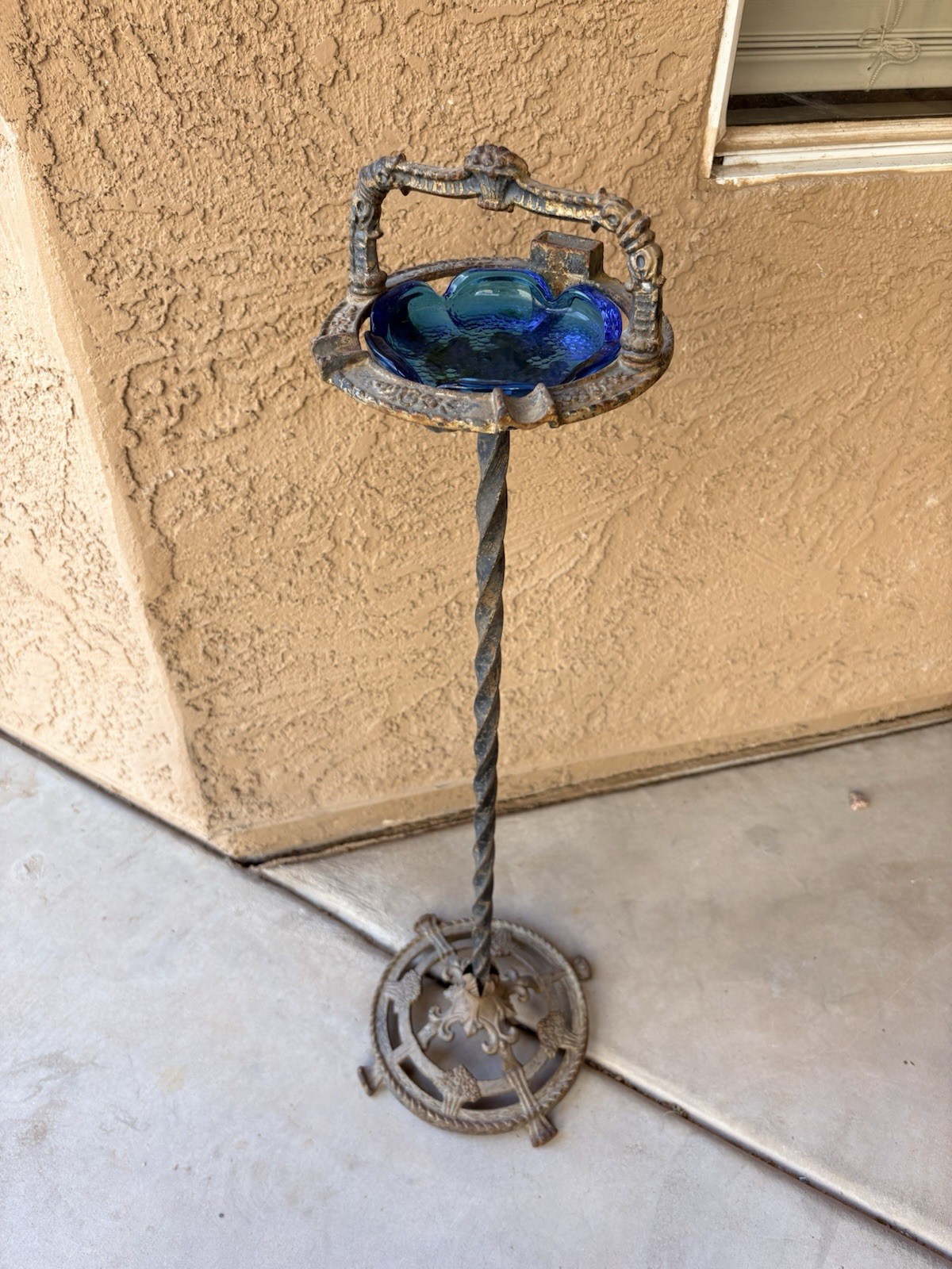 GORGEOUS Vintage ORNATE Art Nouveau Ashtray Stand Cast Iron Blue Glass Flowers!