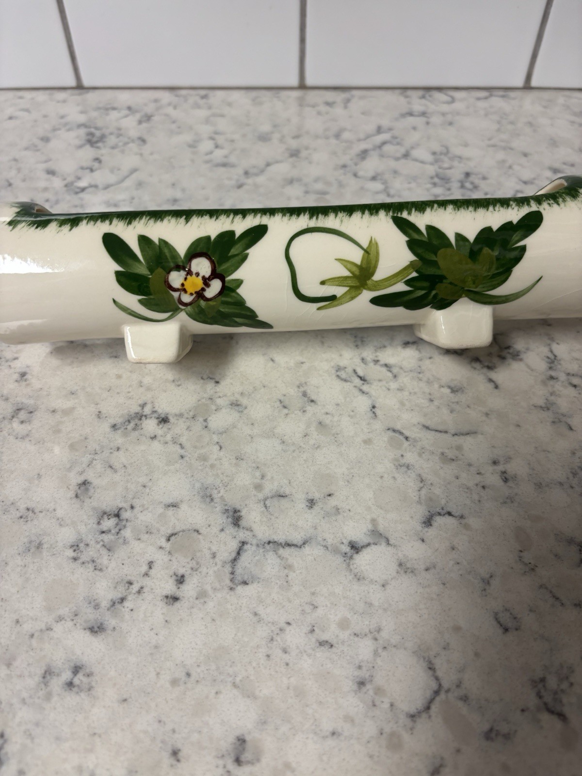 Hand-painted Blue Ridge Pottery Wild Strawberry platter and rolling pin planter.