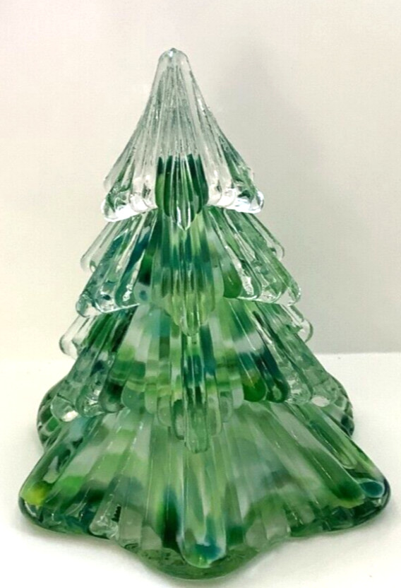 PRESTIGE ART GLASS Pressed Green Glass Tree Marbled Swirl 4 1/8″ Paaperweight