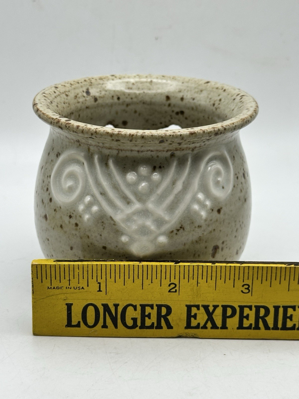 Studio Pottery Small Yarn Pot With Overlay Decorative Feature 2 7/8” T X 3” W