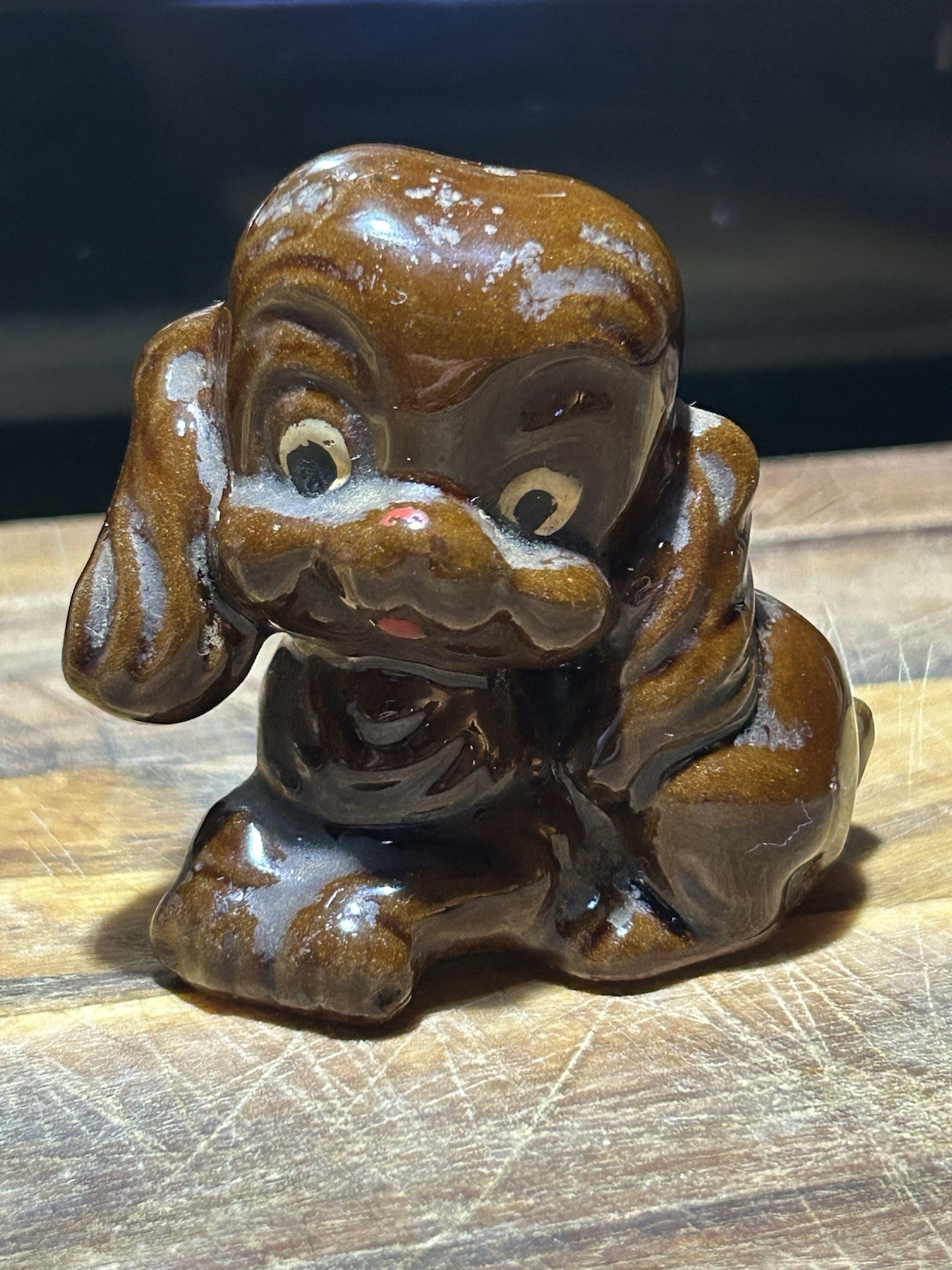 Mid-Century Ceramic Spaniel Figurine – Brown Glazed Puppy Dog Statue Retro Decor