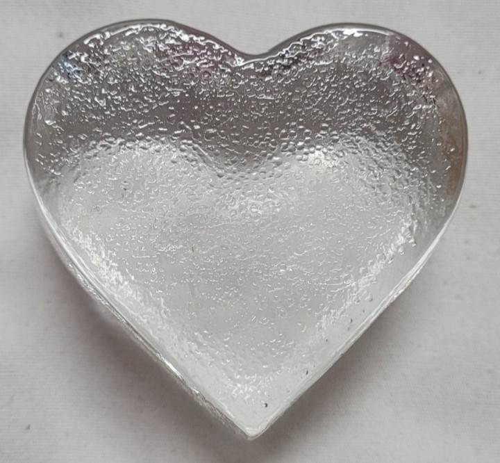 Clear Heart Shaped Glass Paperweight 1.25″ tall Textured Sides and Bottom Vtg