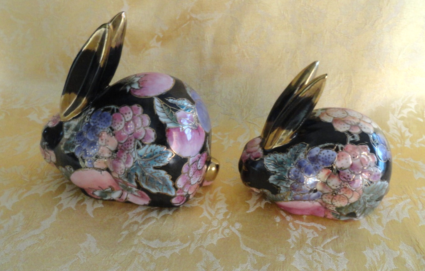(2) Andrea by Sadek Porcelain Bunny Rabbits Hand Painted Fruit Design Gold Gilt