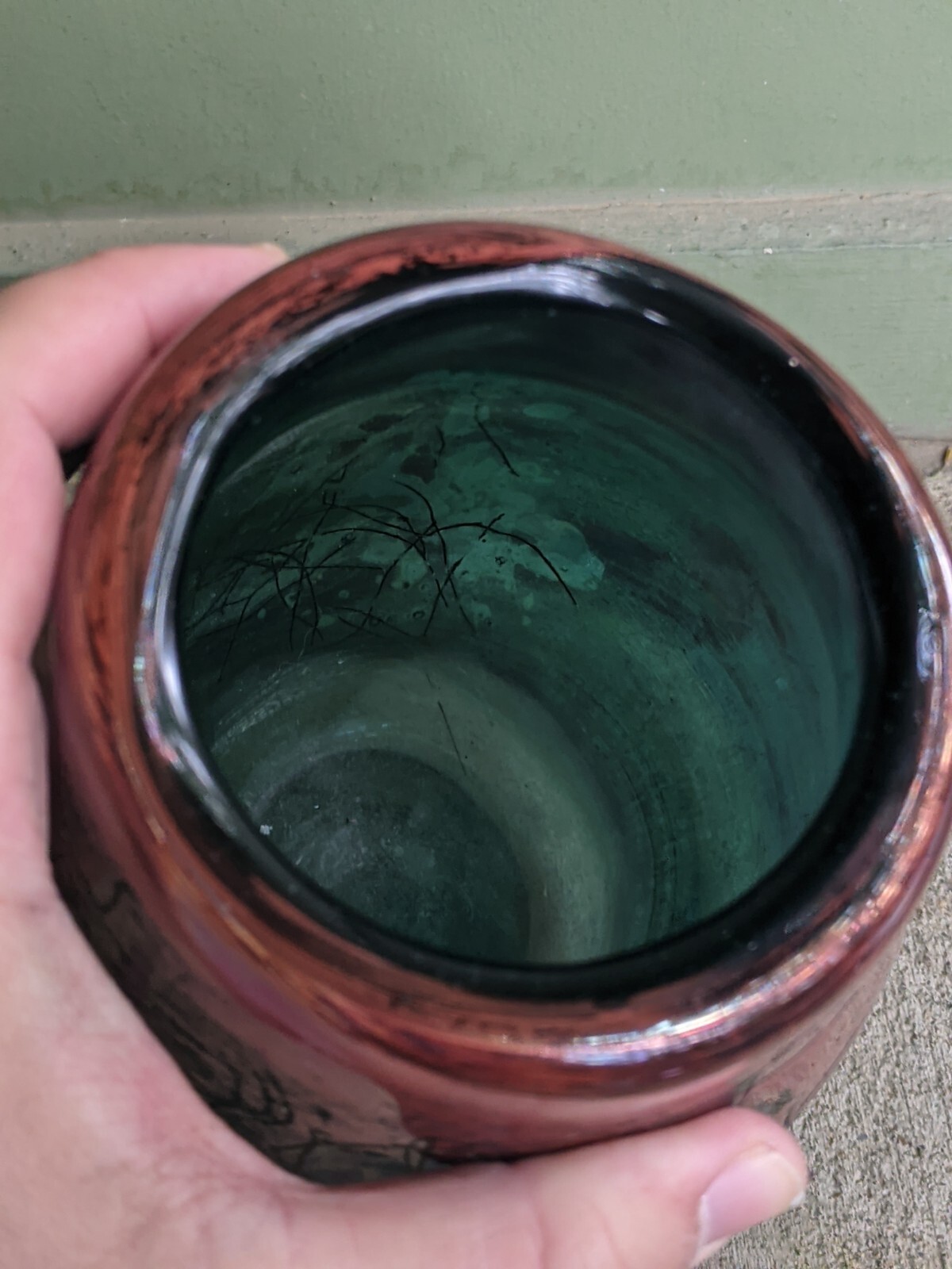 Schauffer Studio Art Glass Offhand Vase-Richard L. Stauffer-Teal Copper Silver