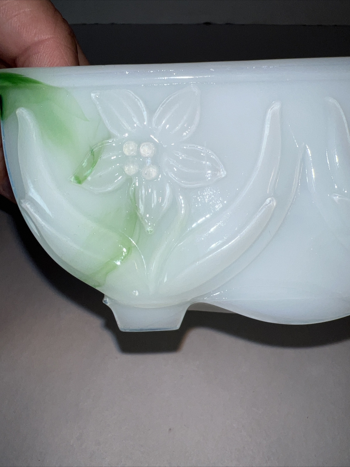 Vintage Akro Agate Green And White Slag Glass Footed Planter With Daisies