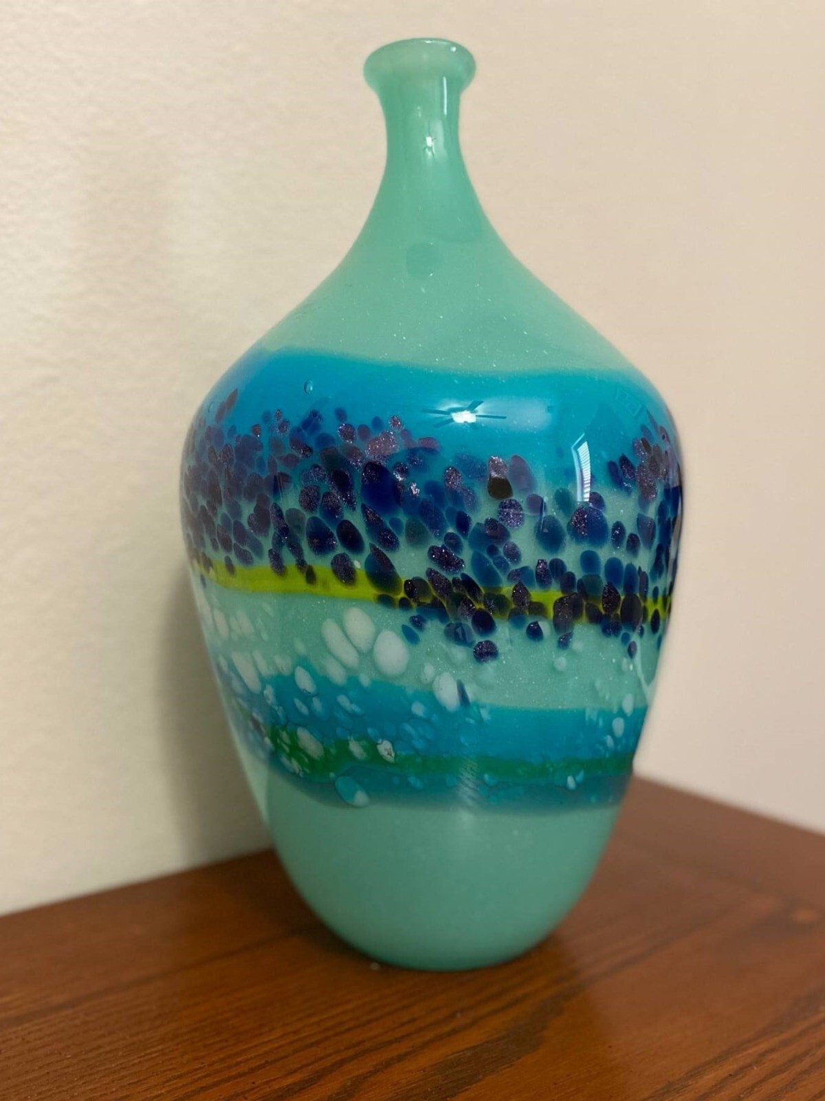 VTG MURANO Italy Hand Blown 16″ Art Glass Vase Blue Green with Flecks 10 lbs