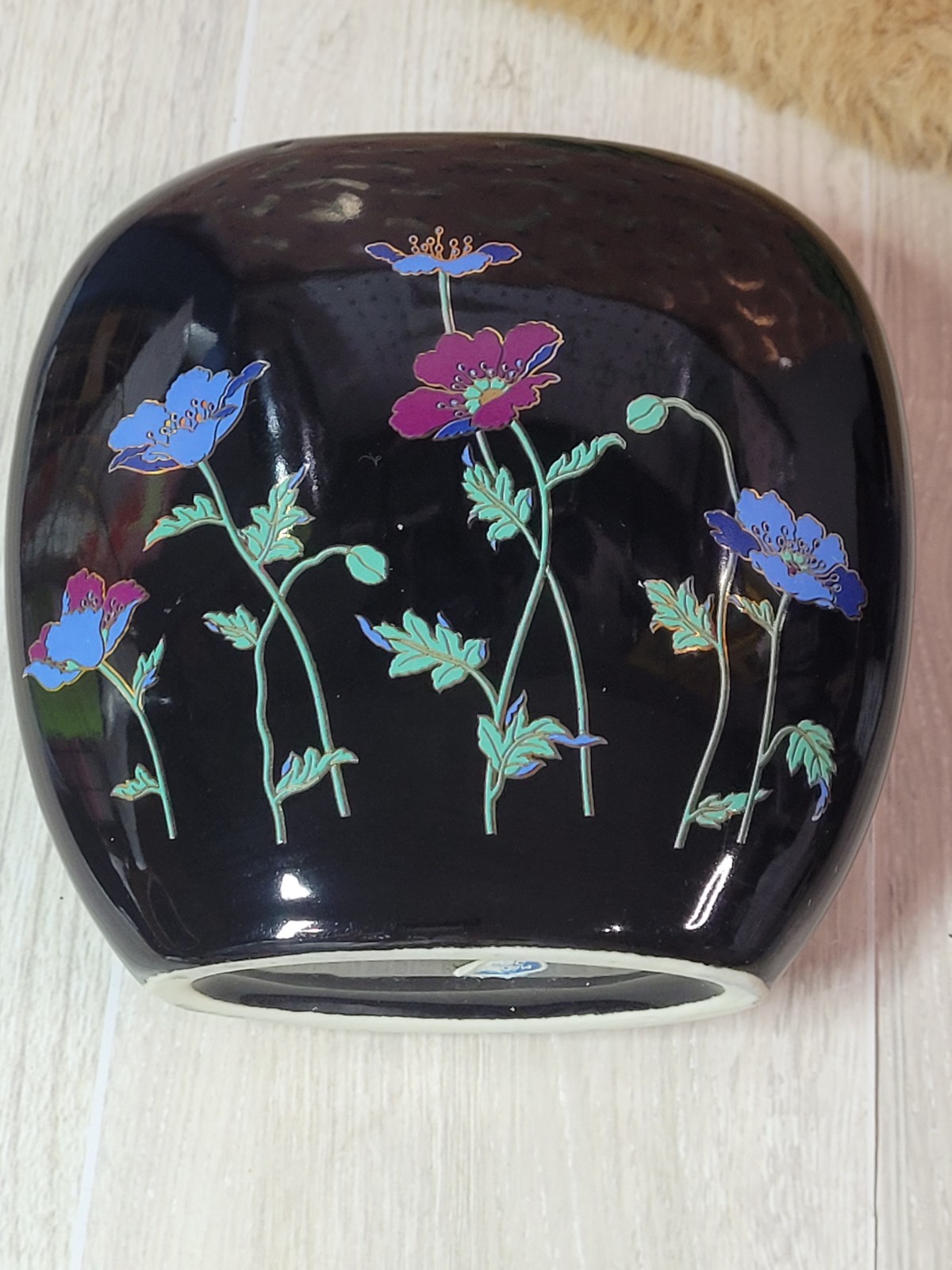 Vintage Japanese Black Glaze Vase Hand Painted Floral Gold Detail Ceramic