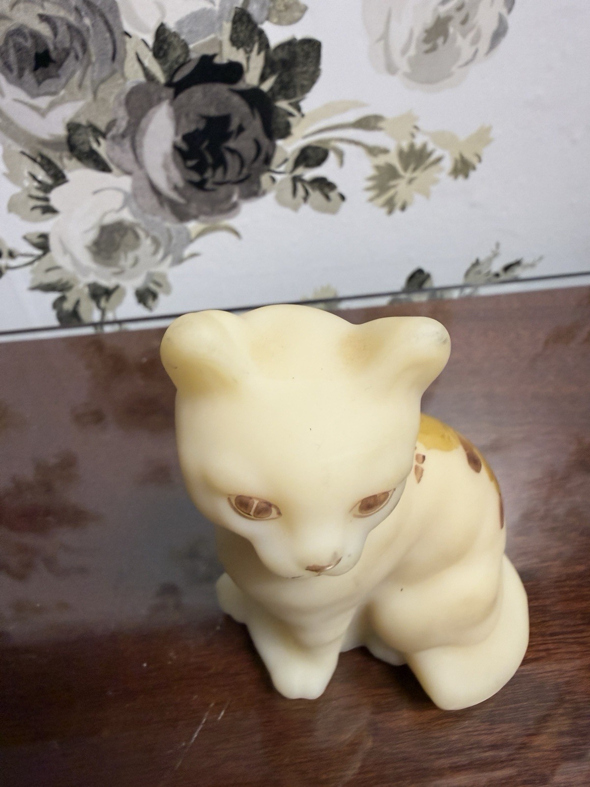 Fenton Satin Glass Cat Hand Painted Roses And Signed By Artist