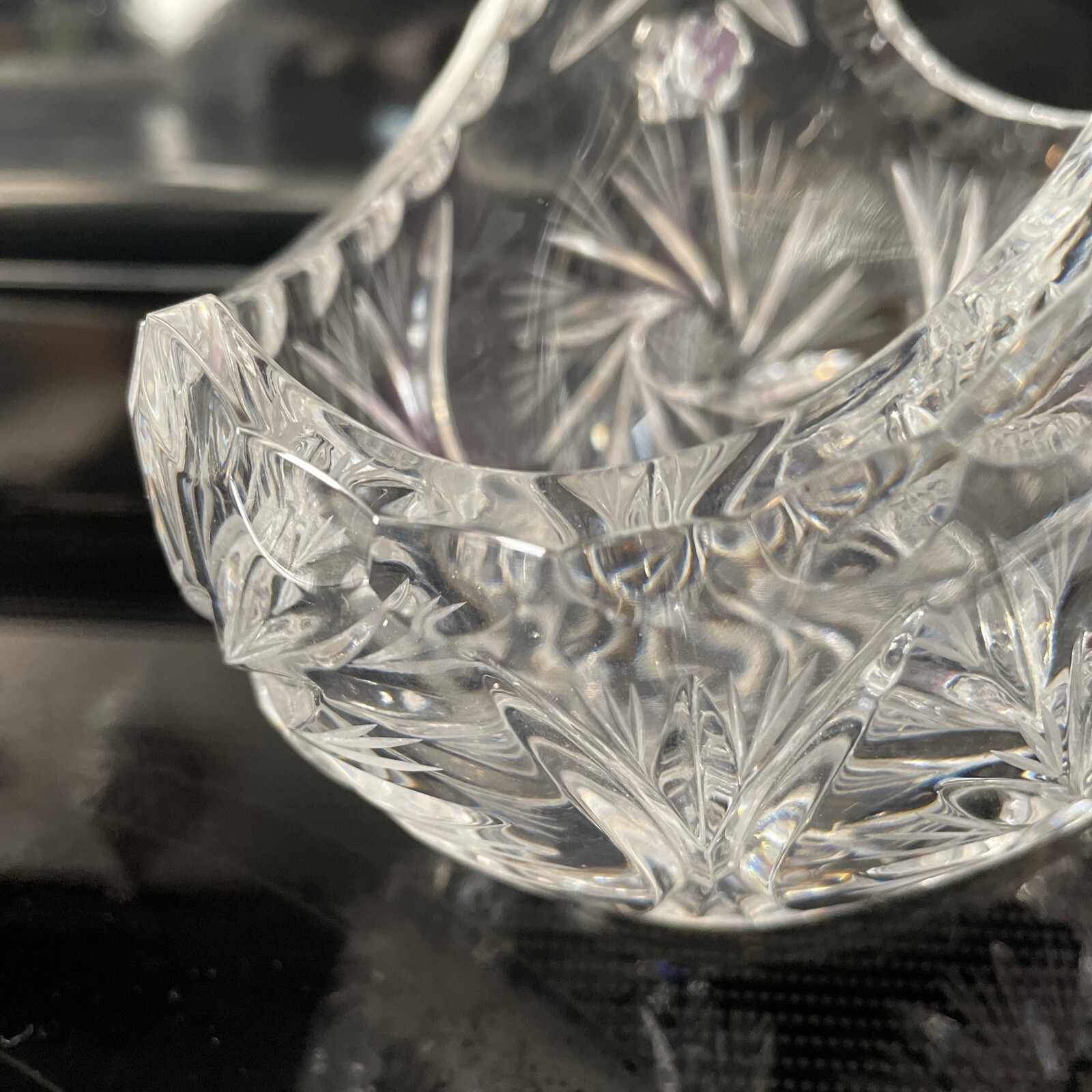 Crystal Candy Dish ACC Deep Cut Handled Bridal Basket Fan Star Cuts LG 6” X 4”