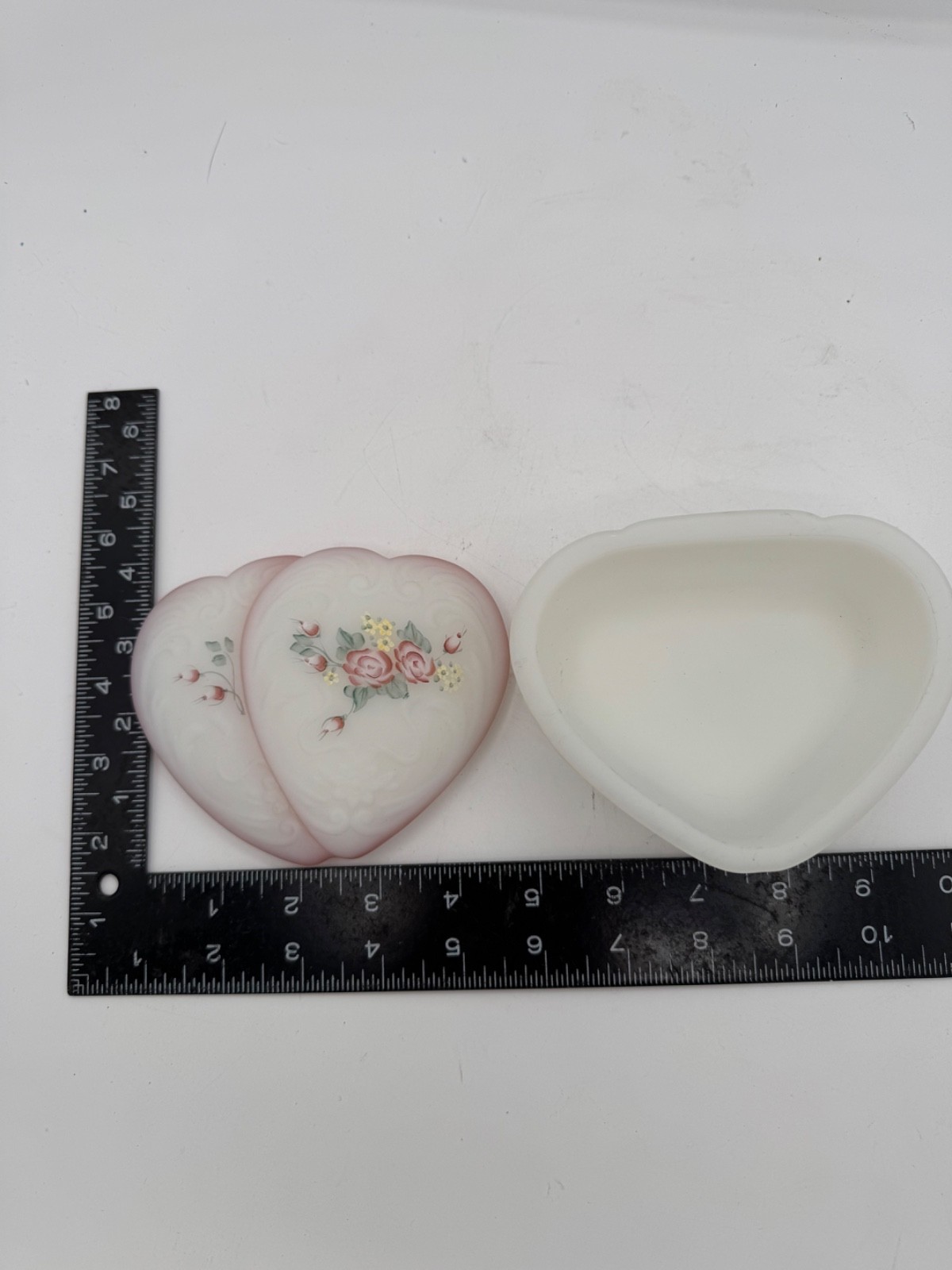 RARE Fenton Double Heart Trinket Box Frosted Satin Painted 5” Signed M Olstead