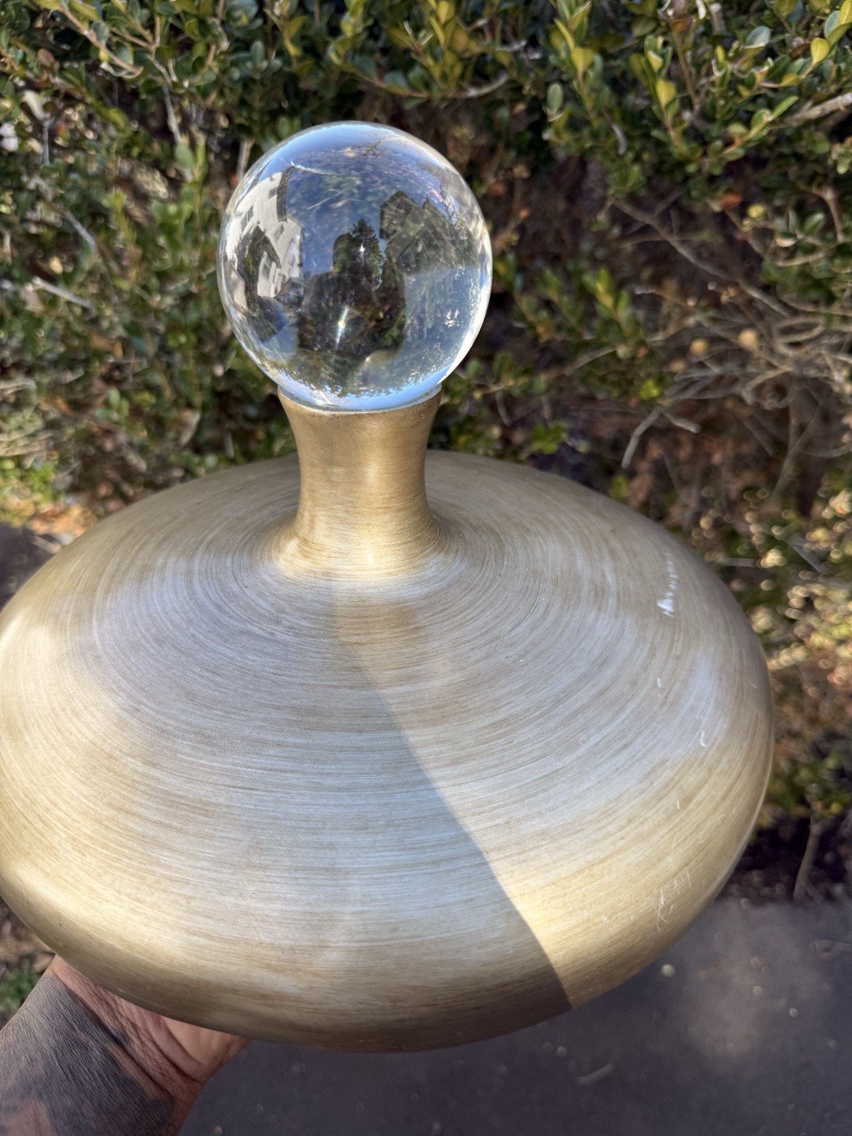 Carolyn Kinder Mid Century Brushed Aluminum vase with clear Ball 10″x 11″ Rare