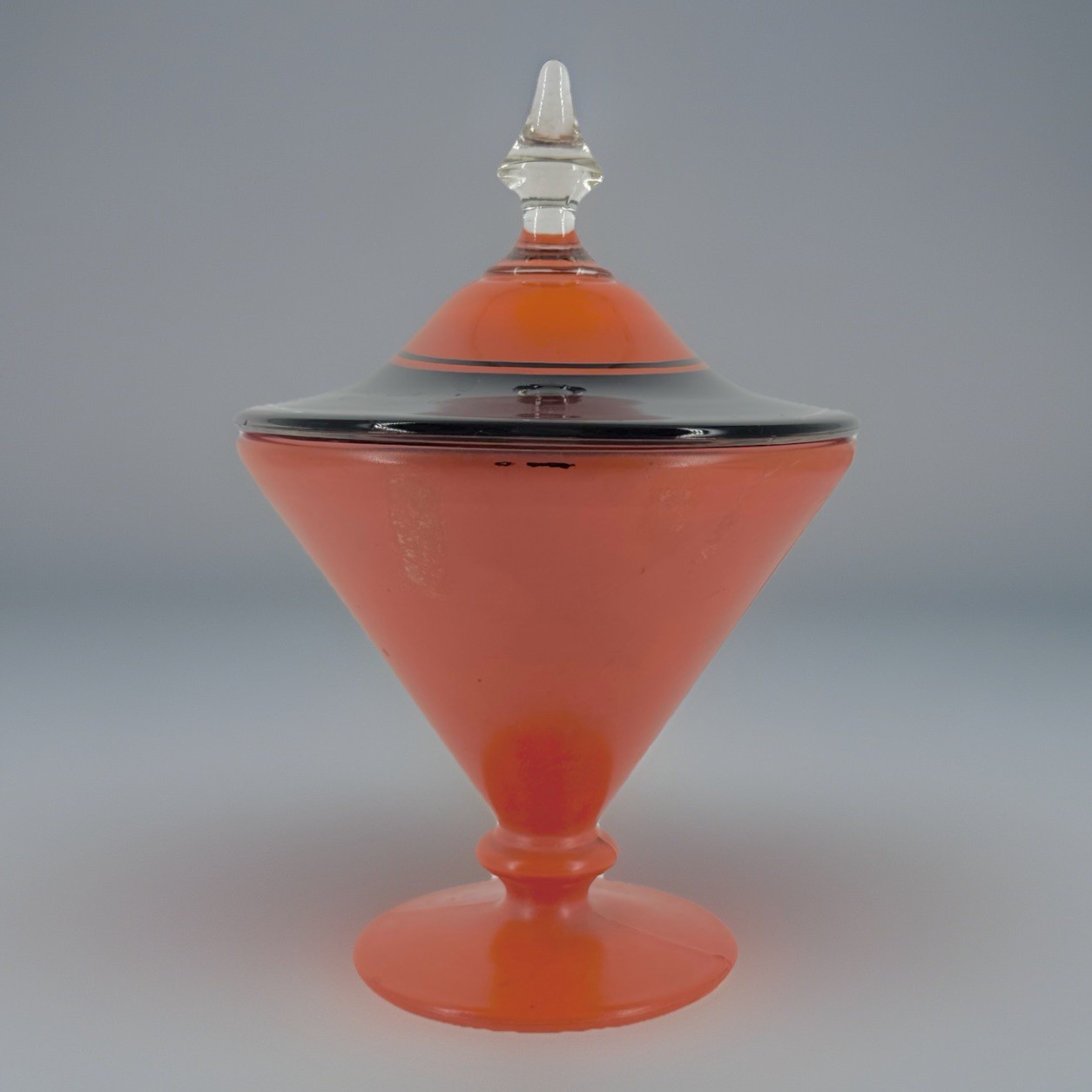 Vintage Art Deco Tango Glass Candy Dish Lid Orange Black Footed Conical