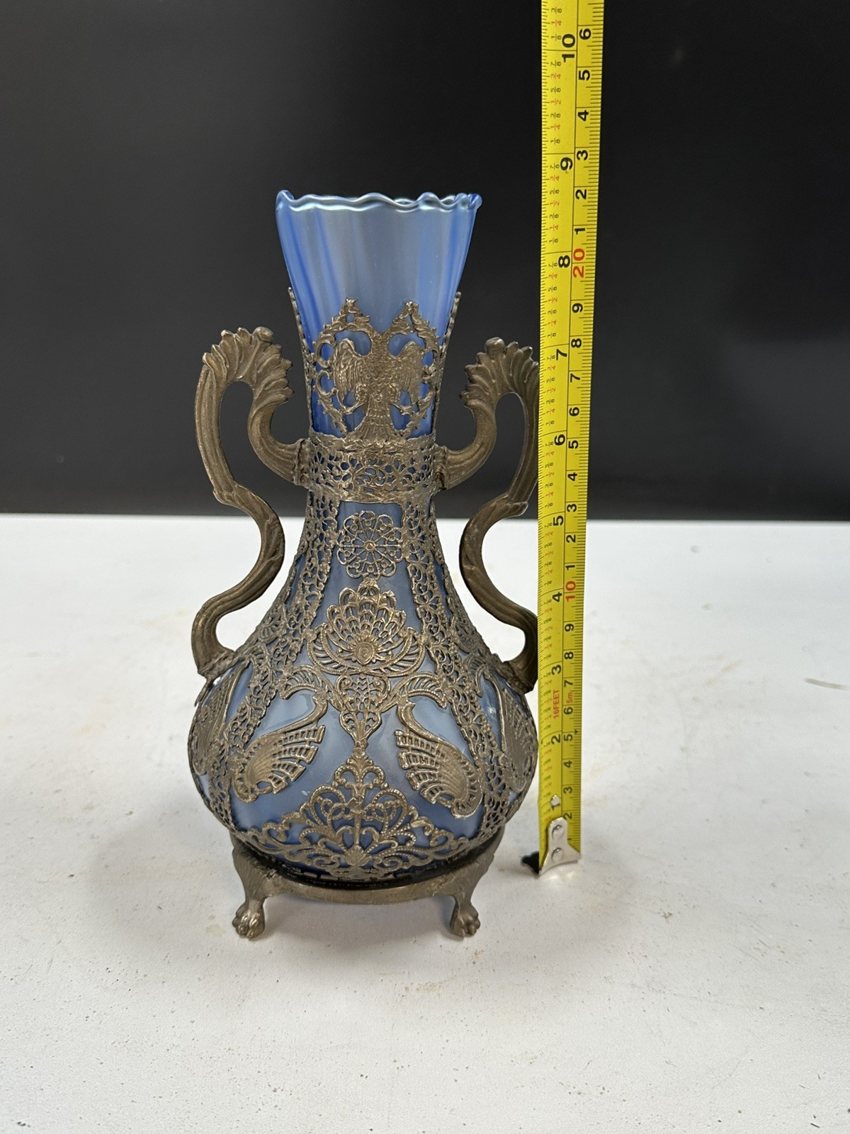 Blue Frosted Glass Vintage Greek or Russian Amphora Vase Nickel Silver Overlay