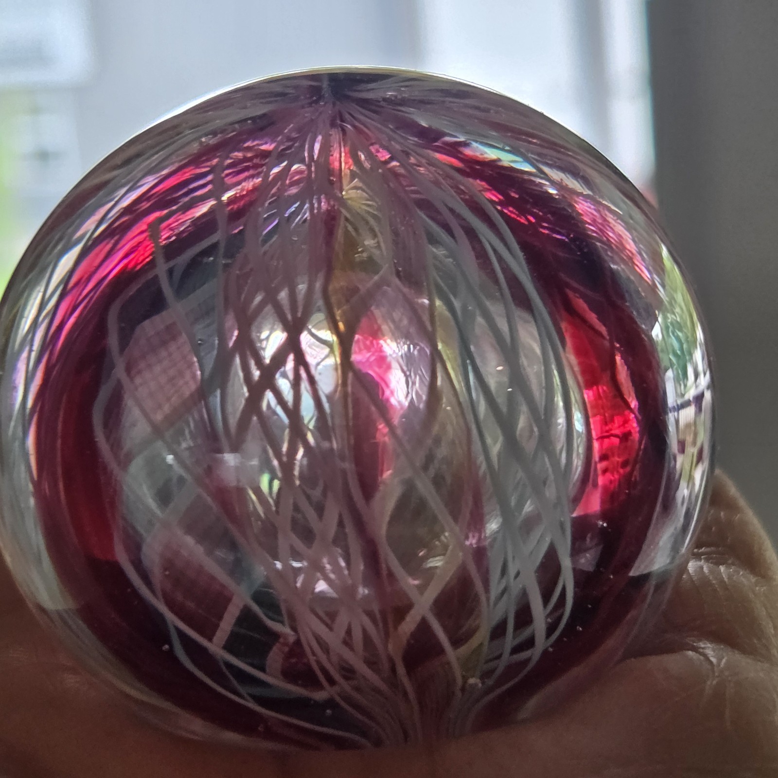 Vintage Latticinio Ribbons Murano Hand Blown Art Glass Paperweight 2.25″