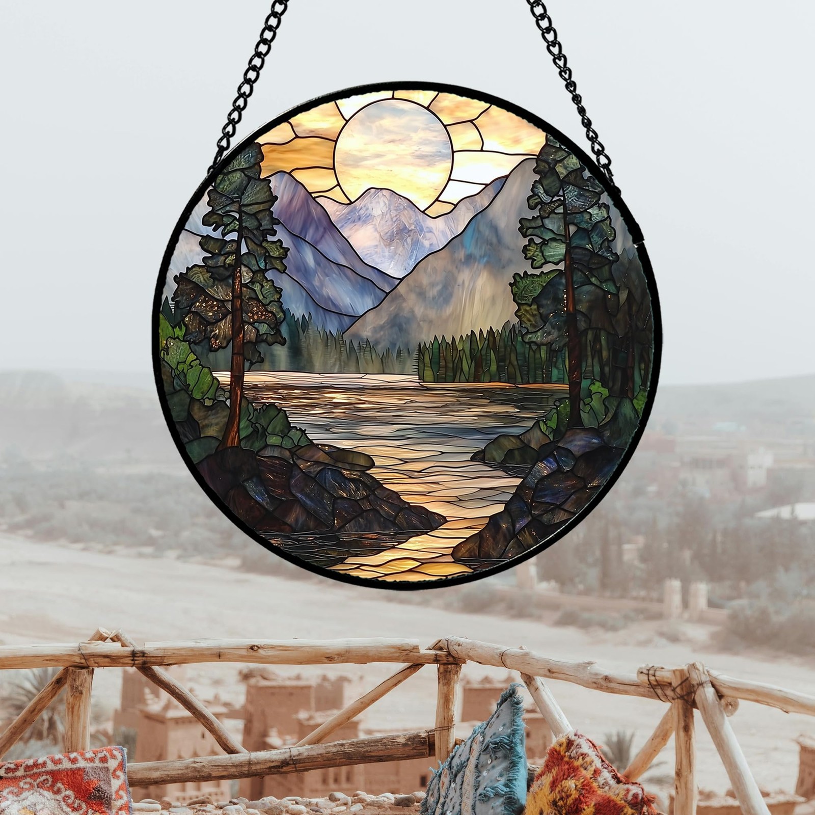 7 8in Stained Glass Window Hanging Sunset Mountains Lake Tree Suncatcher Home