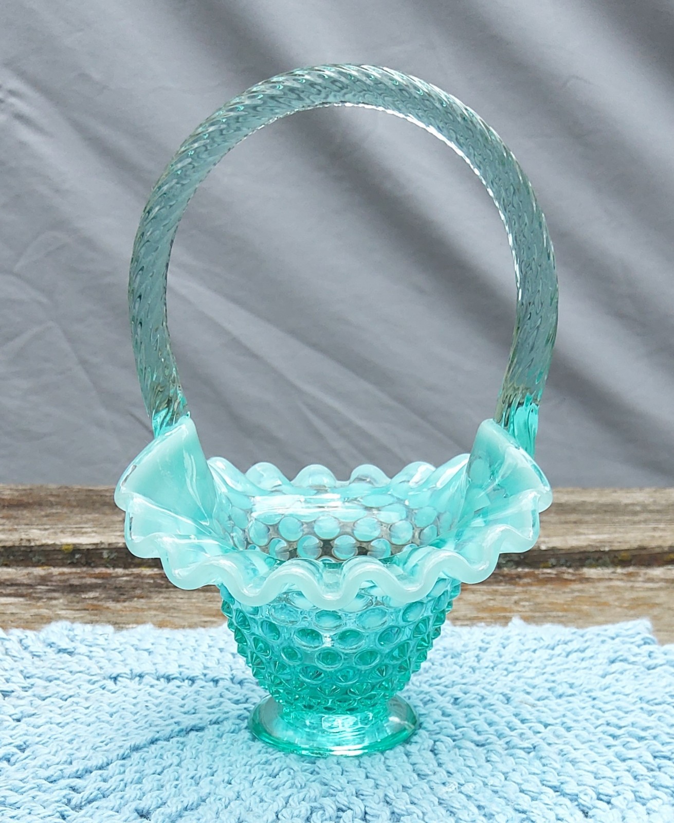 Fenton Glass Blue Opalescent Hobnail 6″ Basket Ruffled Edge Vintage