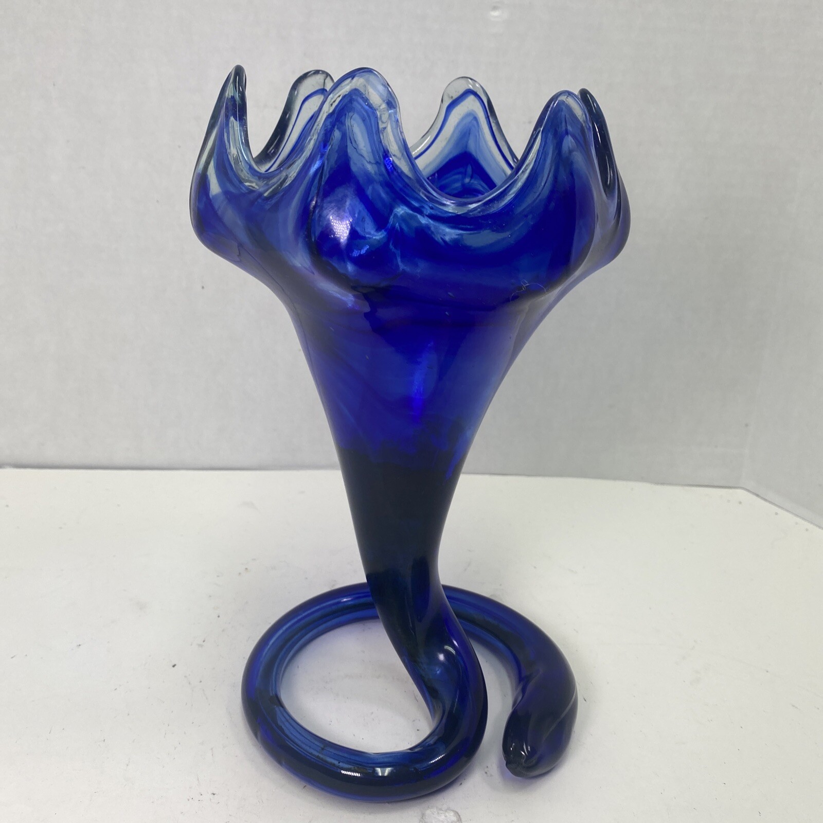 Blown Art Glass Cobalt Blue Swirl Coil Base Trumpet Vase