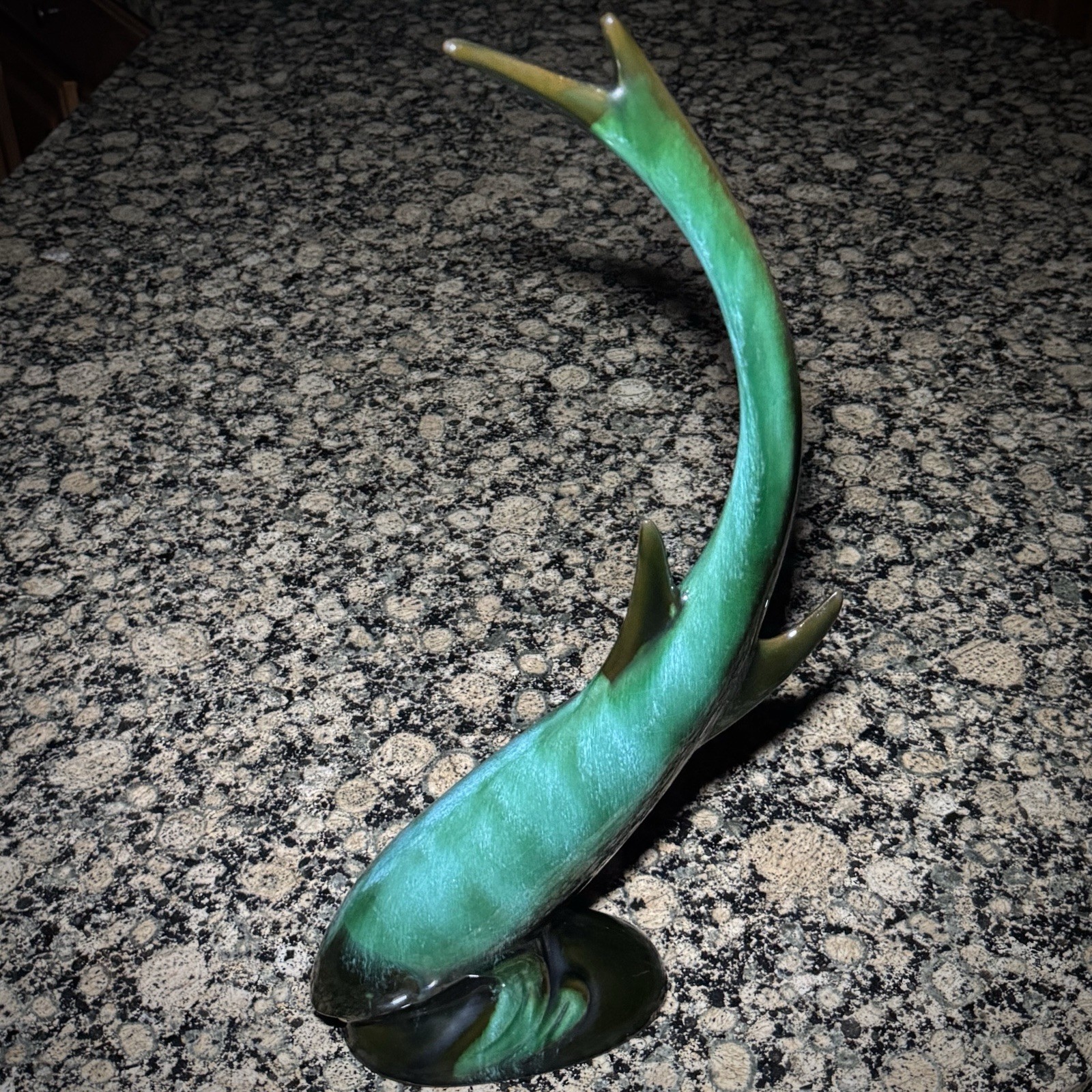 Vintage Blue Mountain Pottery Tall Fish Figurine Blue Green Glaze RARE