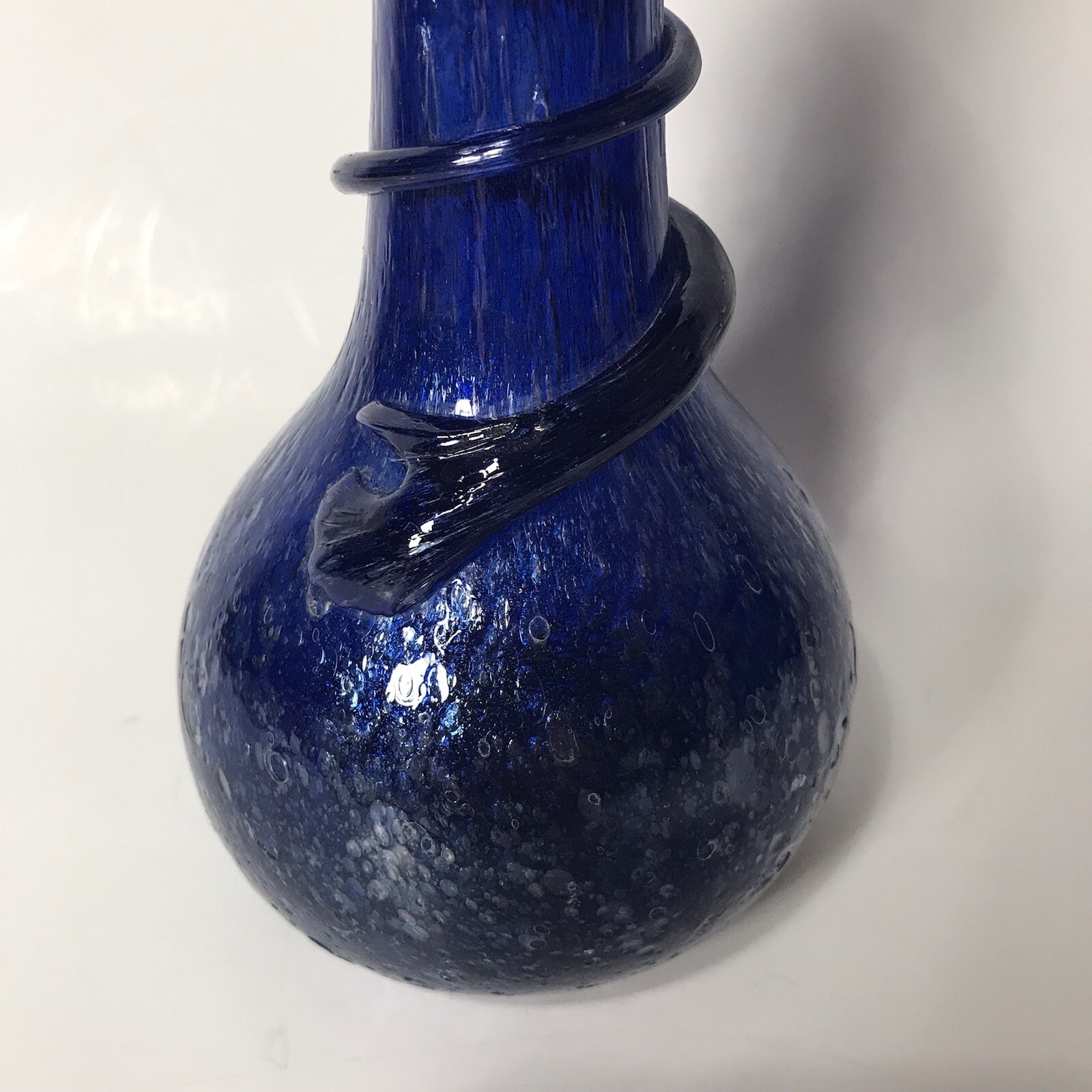 Cobalt Blue Hand Blown Mottled Glass Vase 8” Tall Applied Coil Made In Egypt