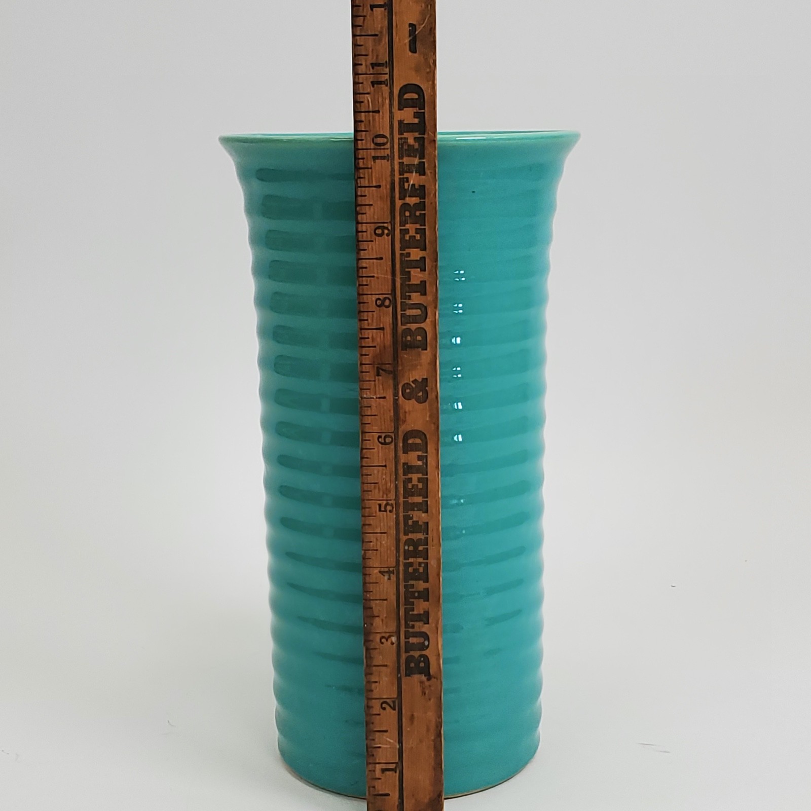 Vintage Bauer Tall Cylinder RingWare Vase Turquoise Glaze California Pottery 10″