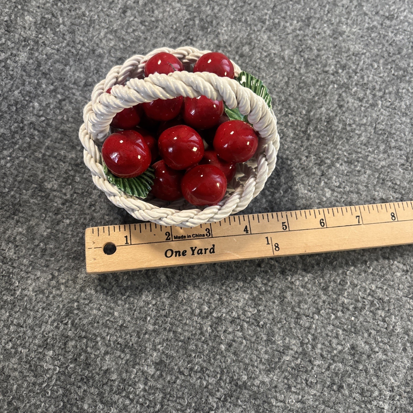 Vintage Ceramic Cherries Fruit In White Woven Basket Hand Painted MCM Red