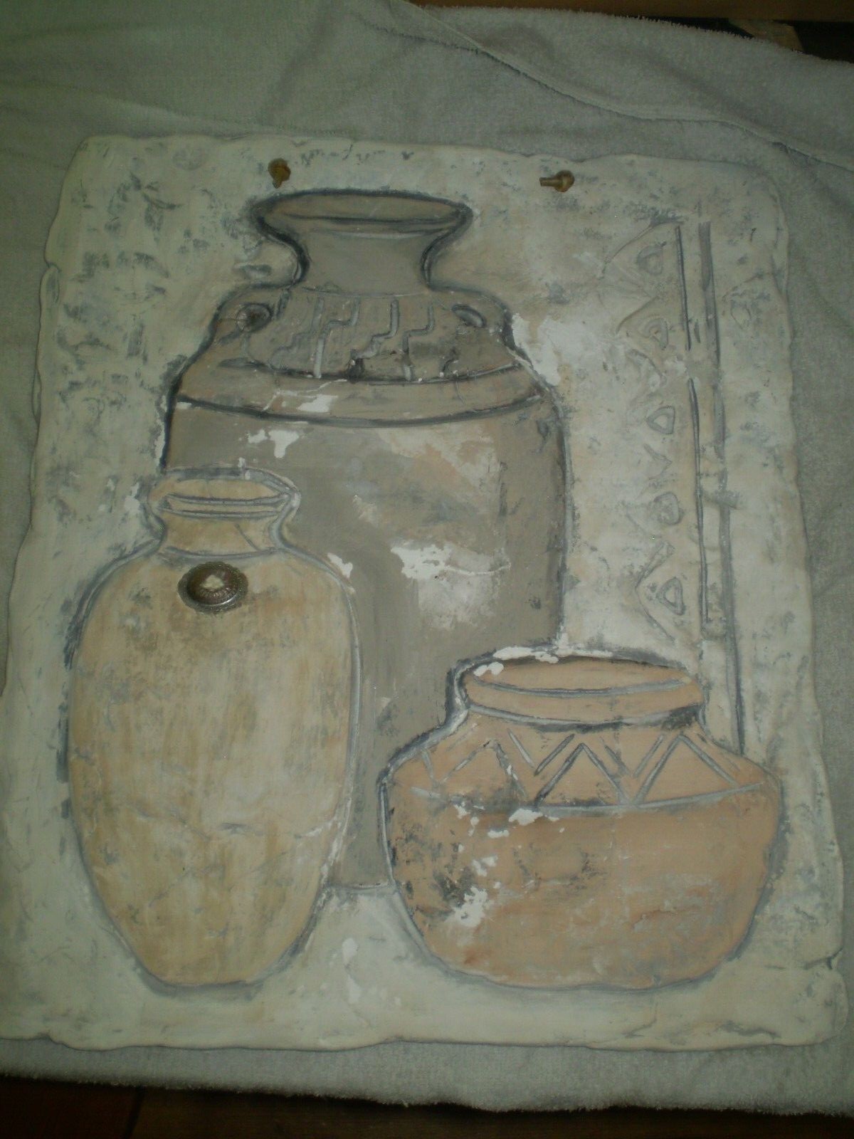 Studio Art Pottery Wall hang Clay Plaque 3 Native Style Pots