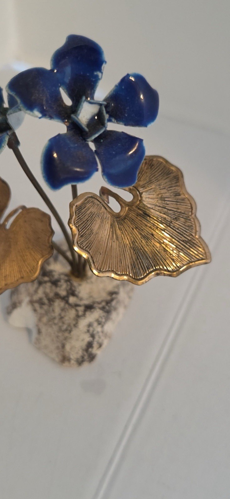 Enamel Flower Art Piece Mixed Materials Leaves 4 1/2”