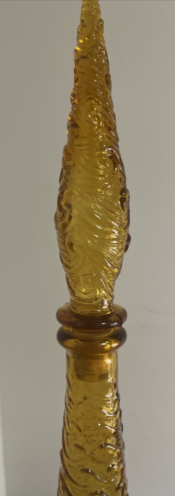 Vintage Amber Italian Empoli Glass Bottle With Stopper Wave Pattern