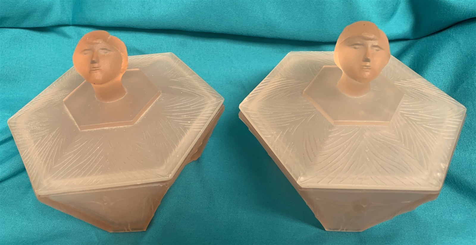 Fabulous Ramses Paris Art Deco Lady Pink Satin Glass Vanity Box Container – PAIR