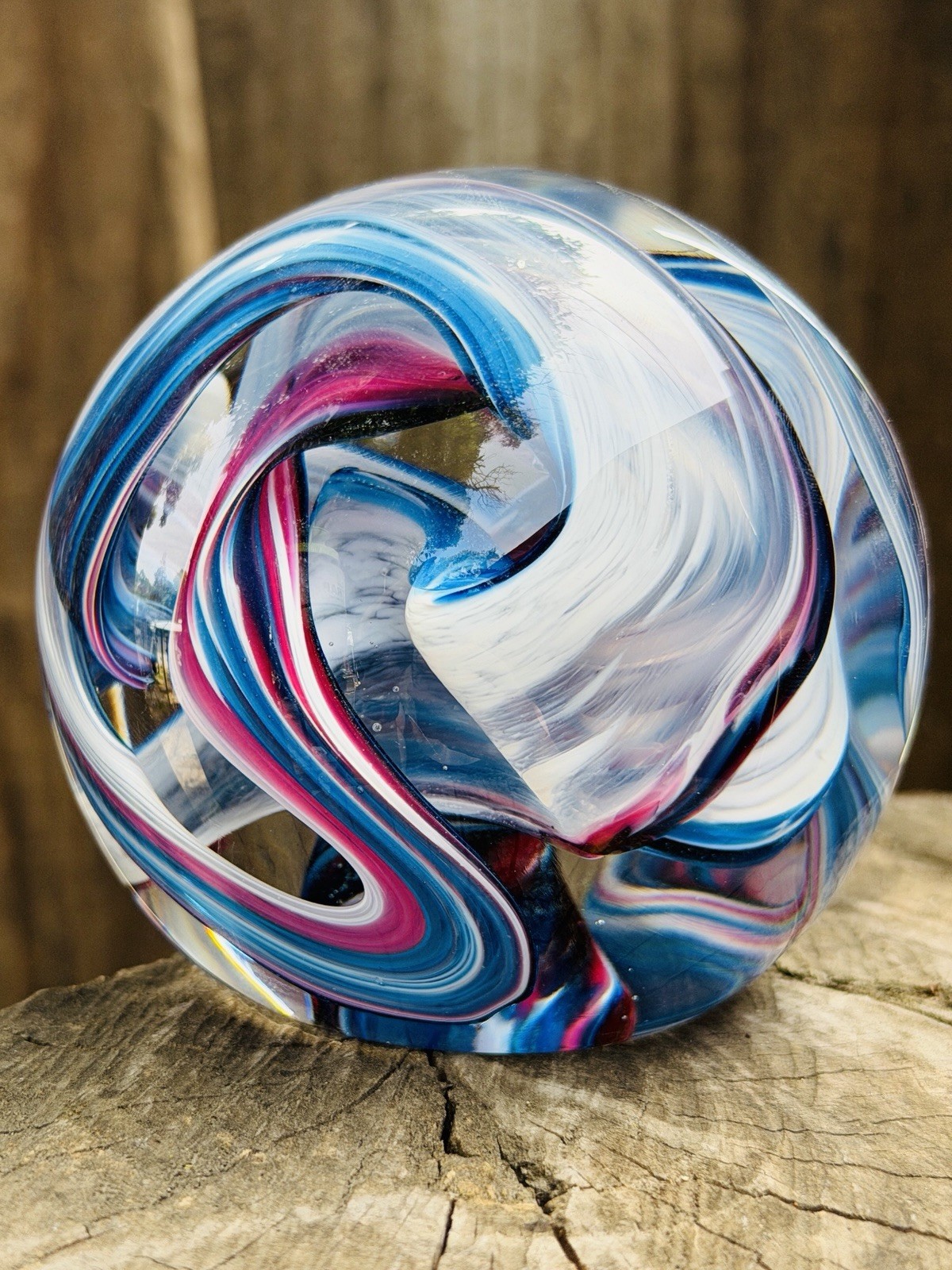 Signed 2004 Opal Studio Art Glass Paperweight Blue Pink Swirl Heavy 11”