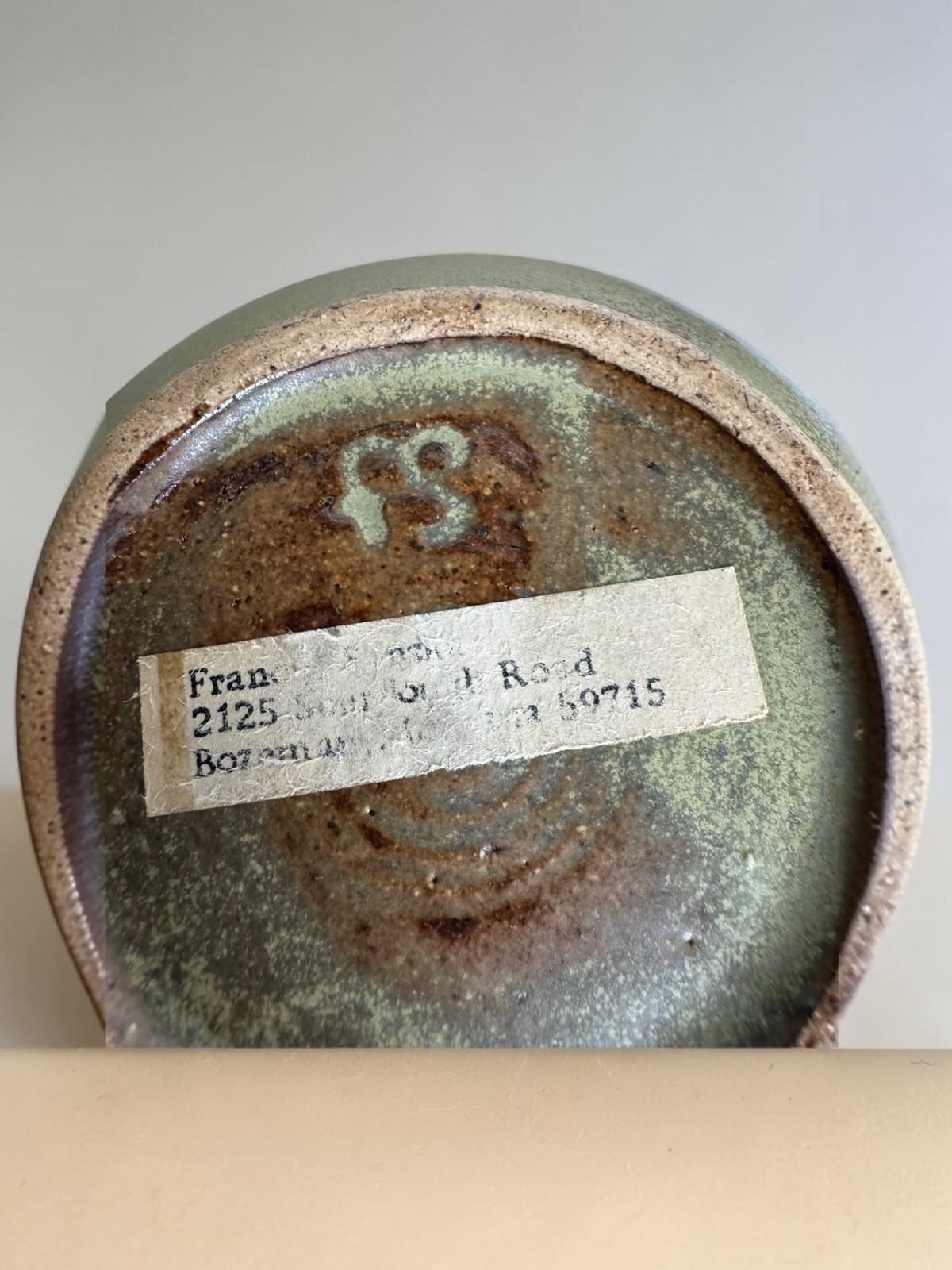 Frances Senska Lidded Bowl Studio Trinket MCM Green Blue Pottery Bozeman Montana