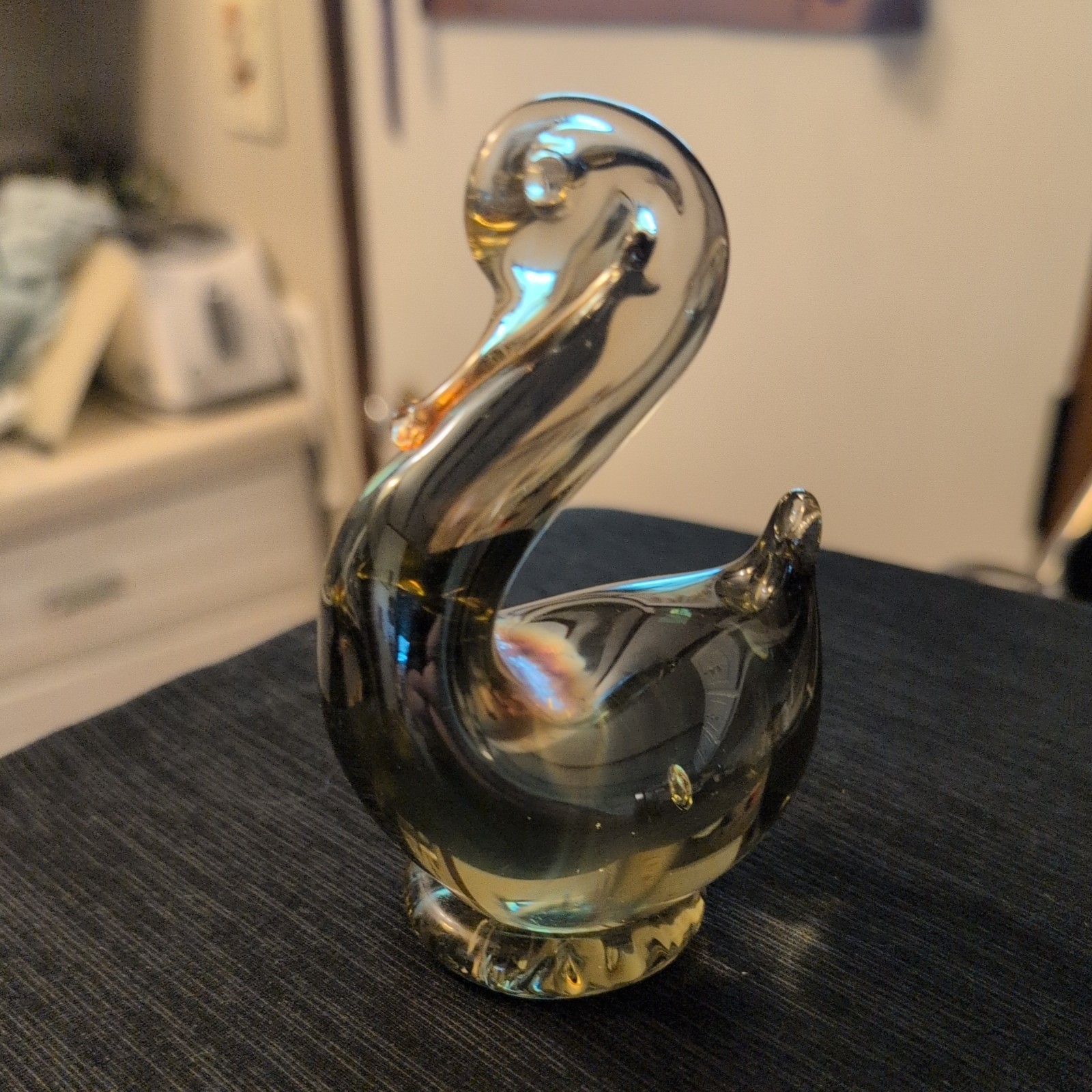 Rainbow Oil Slick Gray To Clear Hand Blown Glass Swan Paperweight 4” Tall