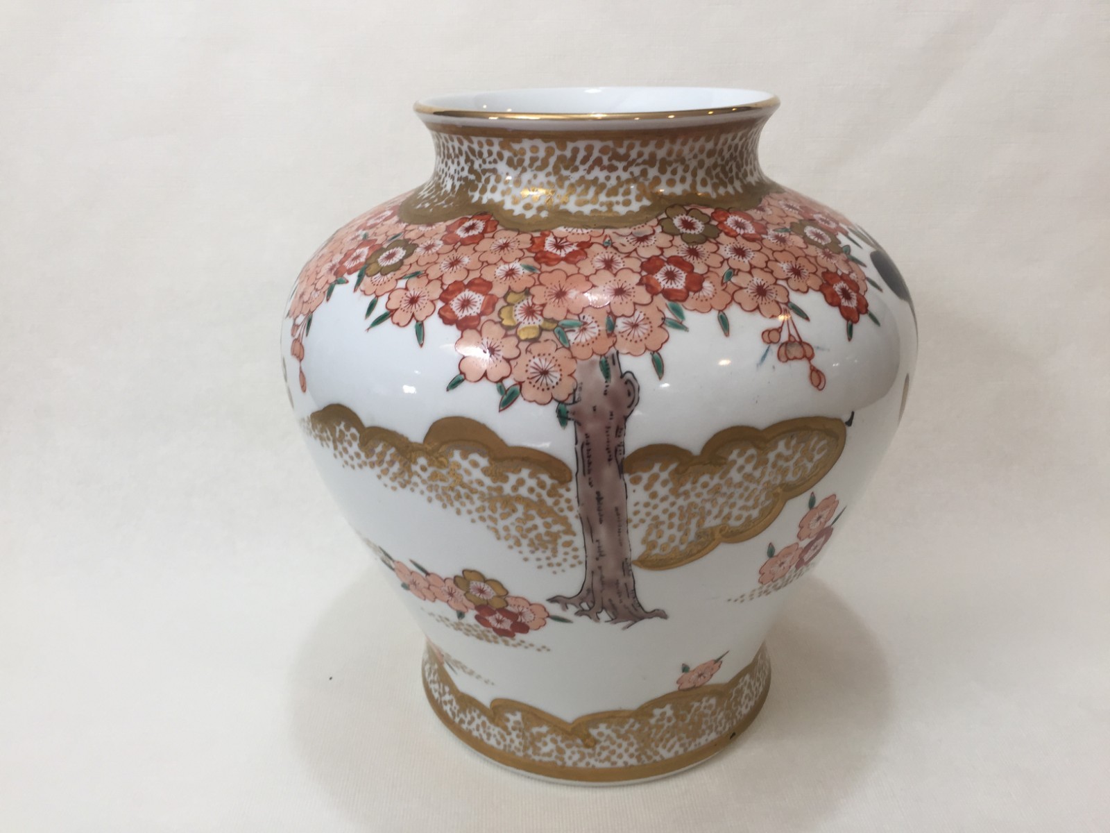 Vintage Japanese Arita Pottery Handpainted Flower Vase, 10 1/2″ Tall x 10″ Wide