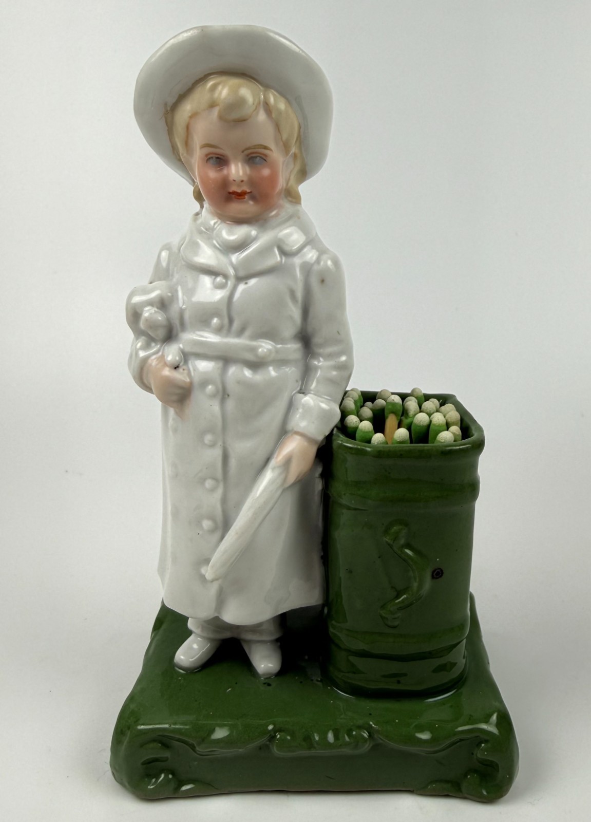 Antique German Conta Boehme Porcelain Match holder bud vase boy puppy figurine