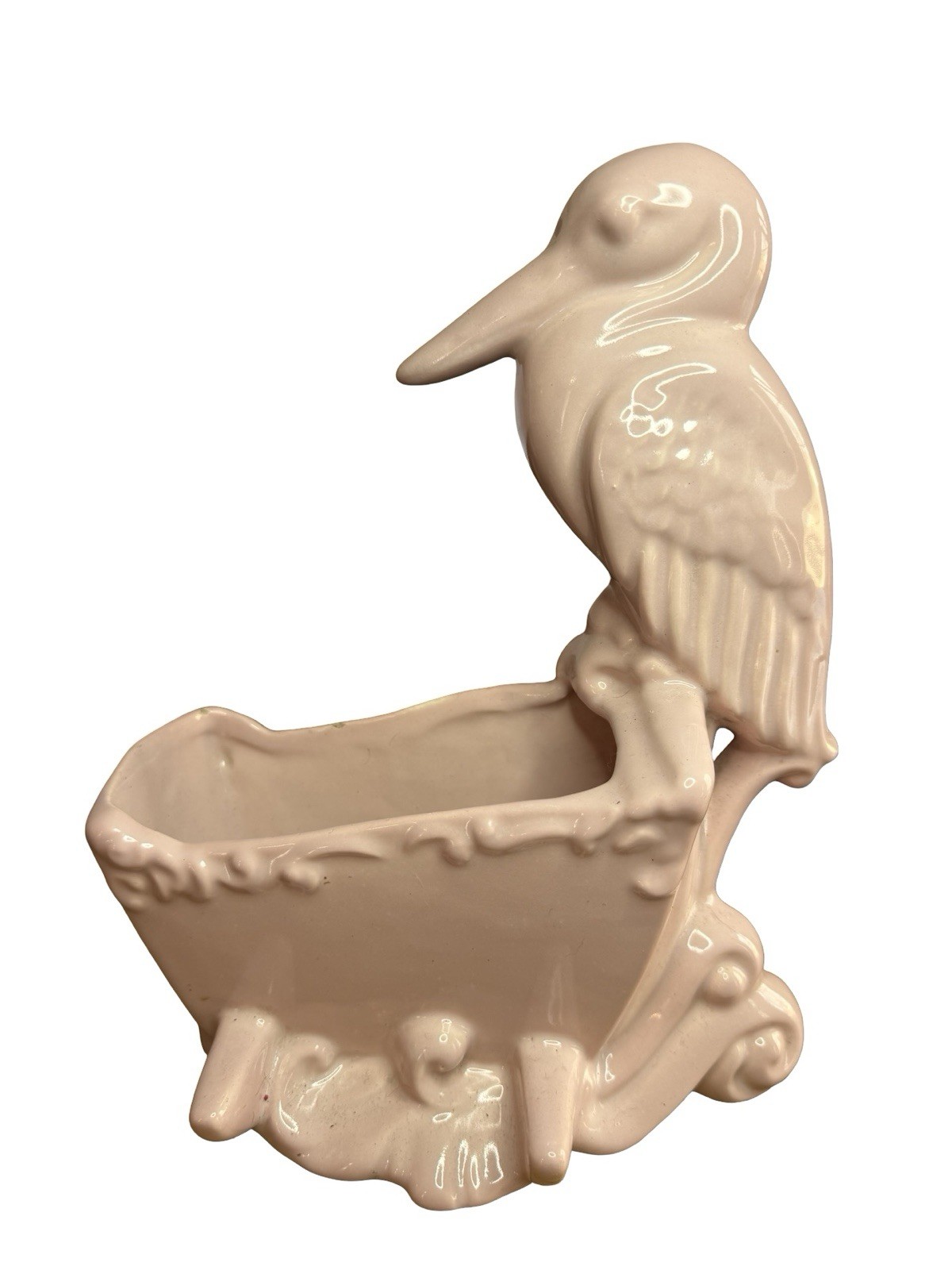 VTG Haeger Pottery Pink Pelican Stork Bird Sitting on Perch Planter 10″