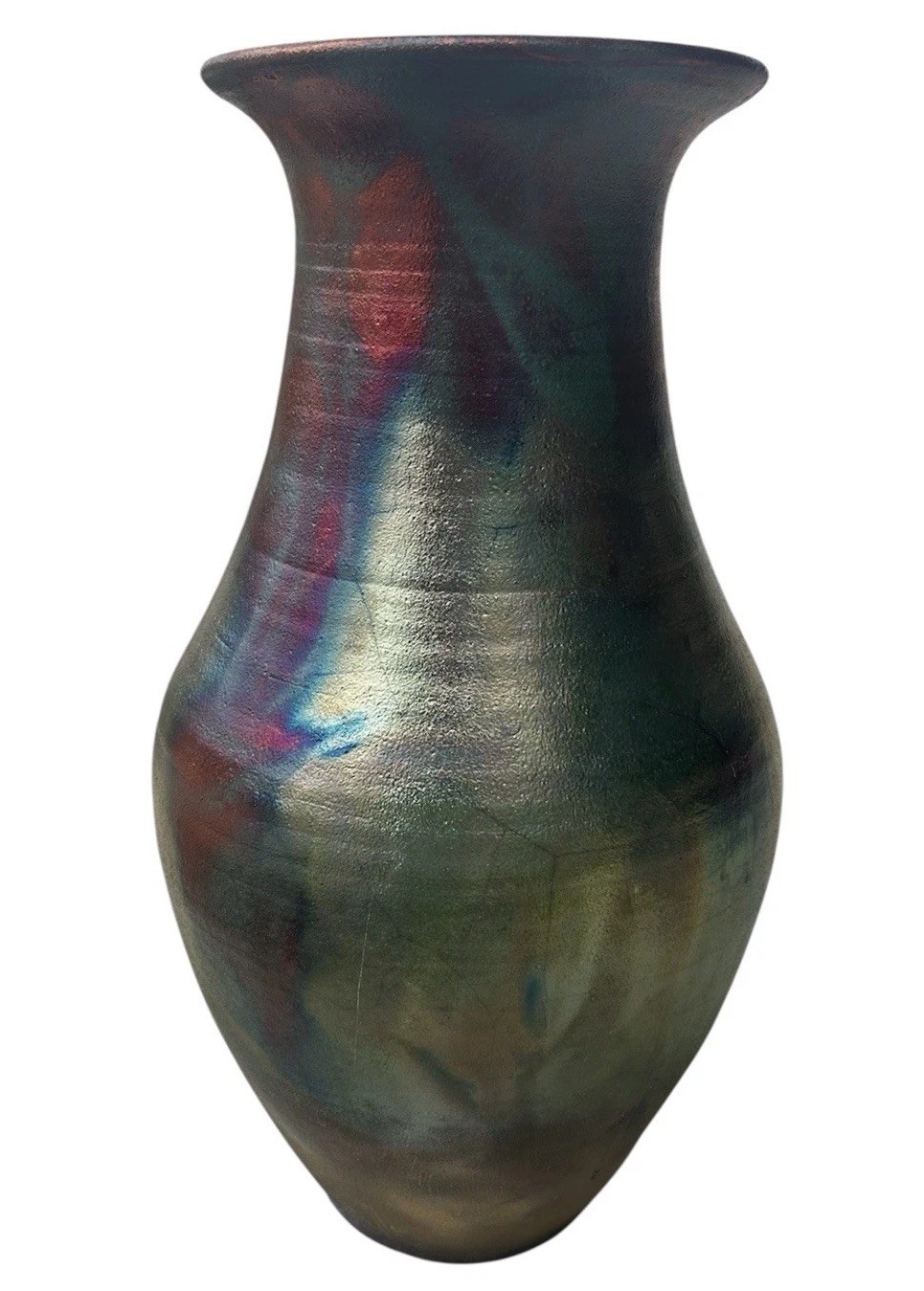 Raku Pottery Gorgeous 18” Tall Signed JC Iridescent Vase Blue Green Red