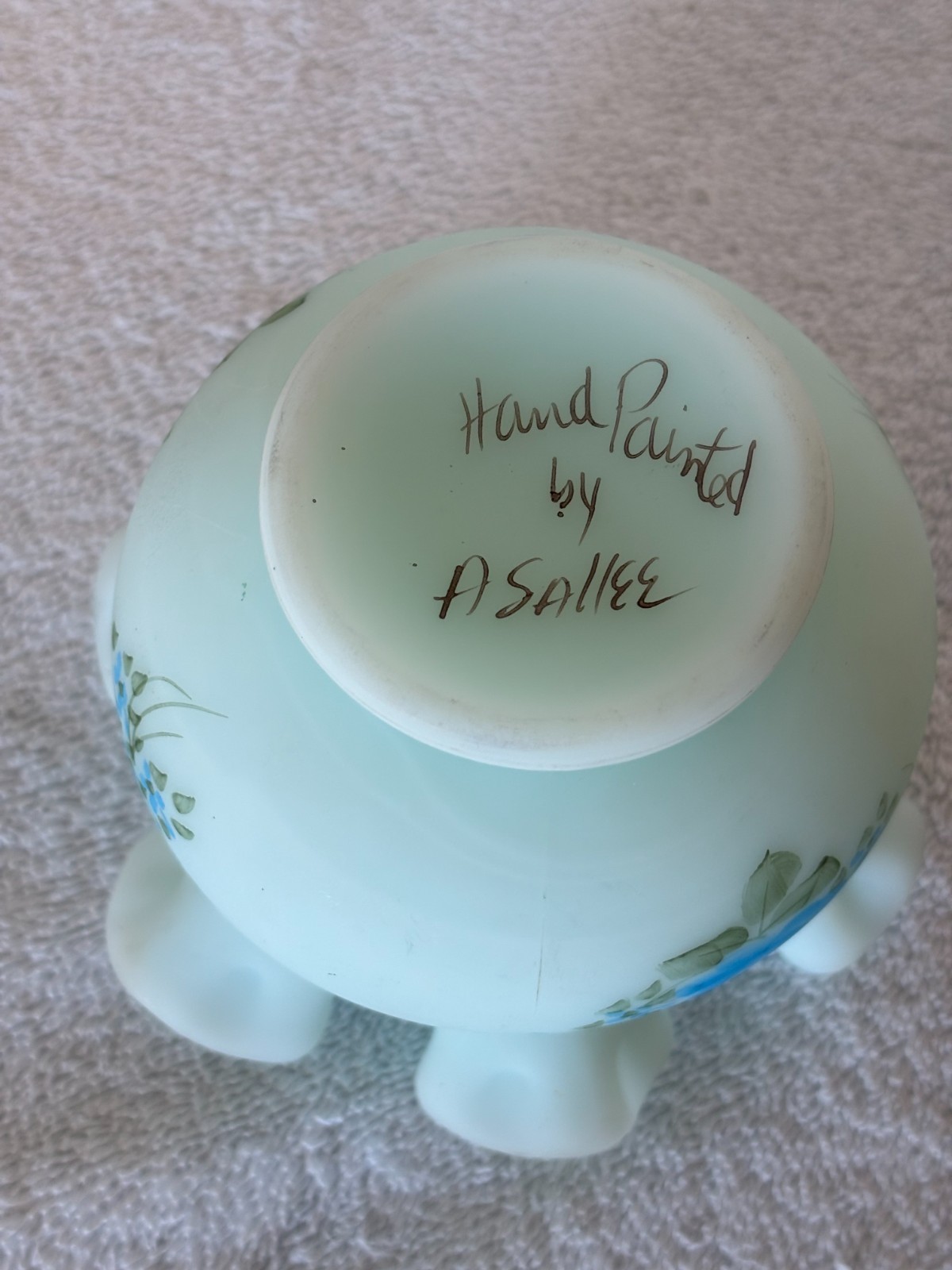 Fenton Blue Rose Satin Art Glass Vase Bowl Ruffle Hand Painted Signed