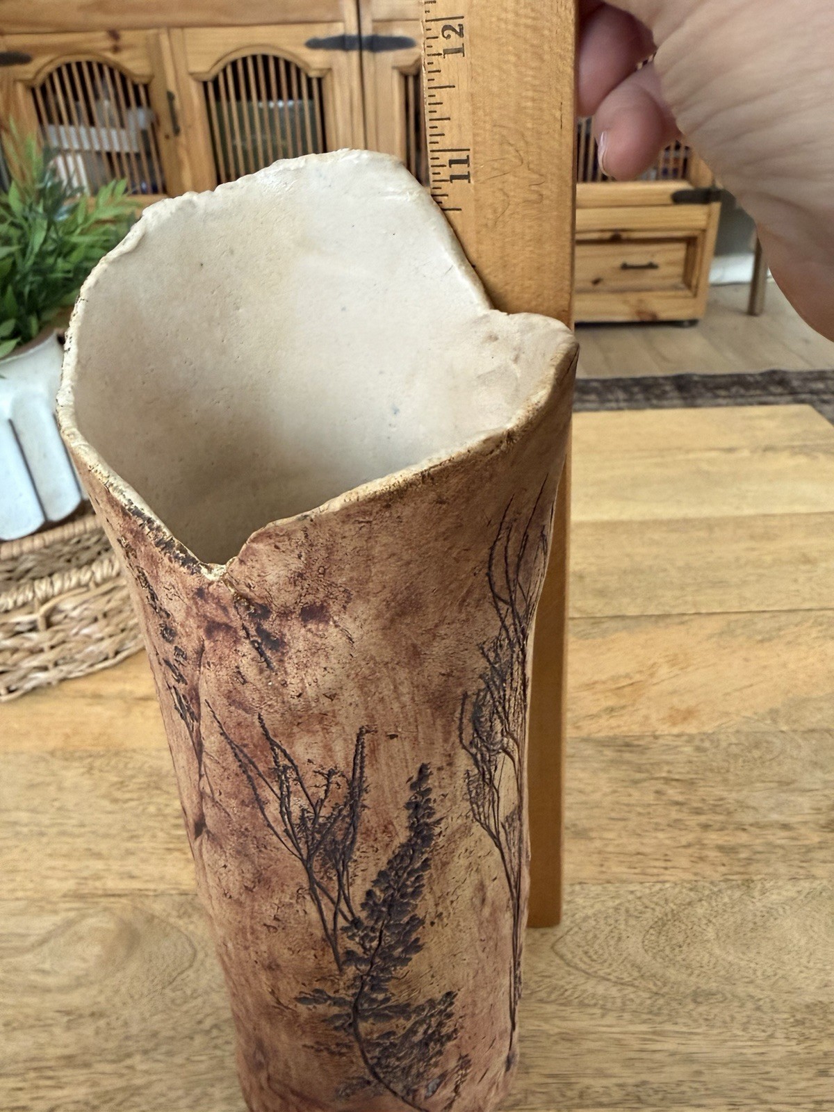 Primitive Pottery Vase Etched Tree Motif Irregular Top Edging 11” 2.4lbs SIGNED