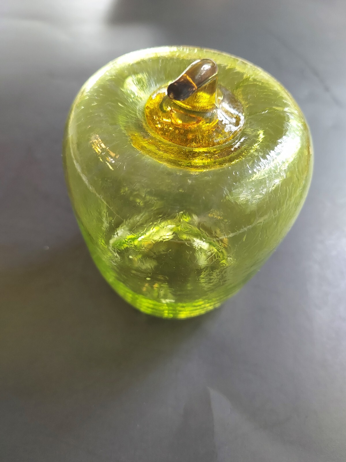 Art glass Apple hand blown green applied brown stem Glass Eye Studio Benko